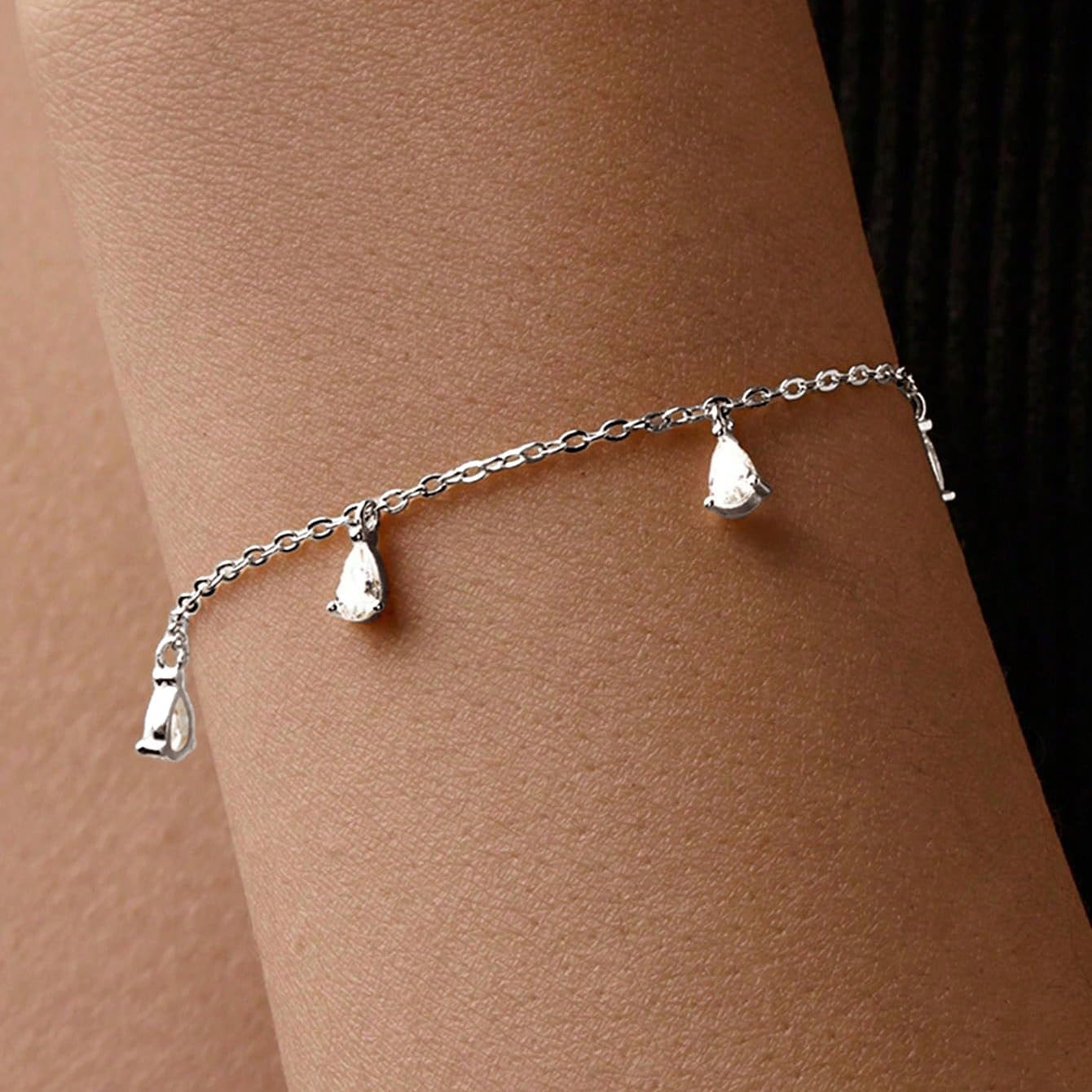 Dainty 925 Sterling Silver Teardrop Cubic Zirconia Charm Bracelet for Women Crystal Multi Teardrop Cluster Link Chain Bracelet to Daunghter Mom Wedding Valentine's Day Bridal Prom Jewelry Gift for Her - Image 2