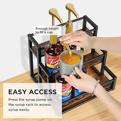Miniatura 5 de Ollieroo Organizador de jarabe de café, soporte para botella de jarabe para barra de café, estantes de almacenamiento de 3 niveles para jarabe,