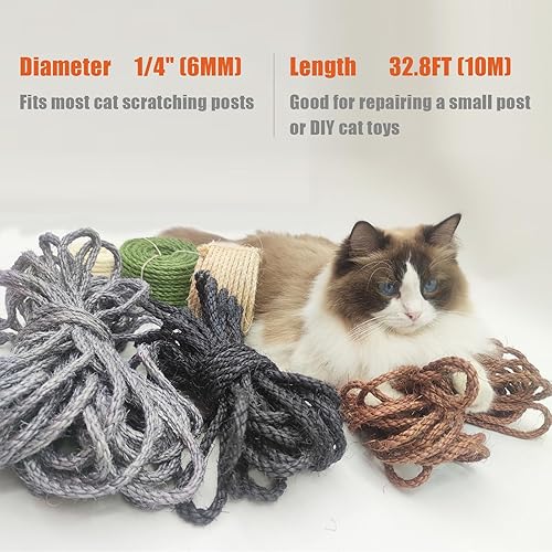 Miniatura 2 de Cuerda de sisal natural para rascador de gatos, cuerda de sisal de 14 de pulgada y 32 pies para reemplazo de poste de rascador de gatos, reemplazo