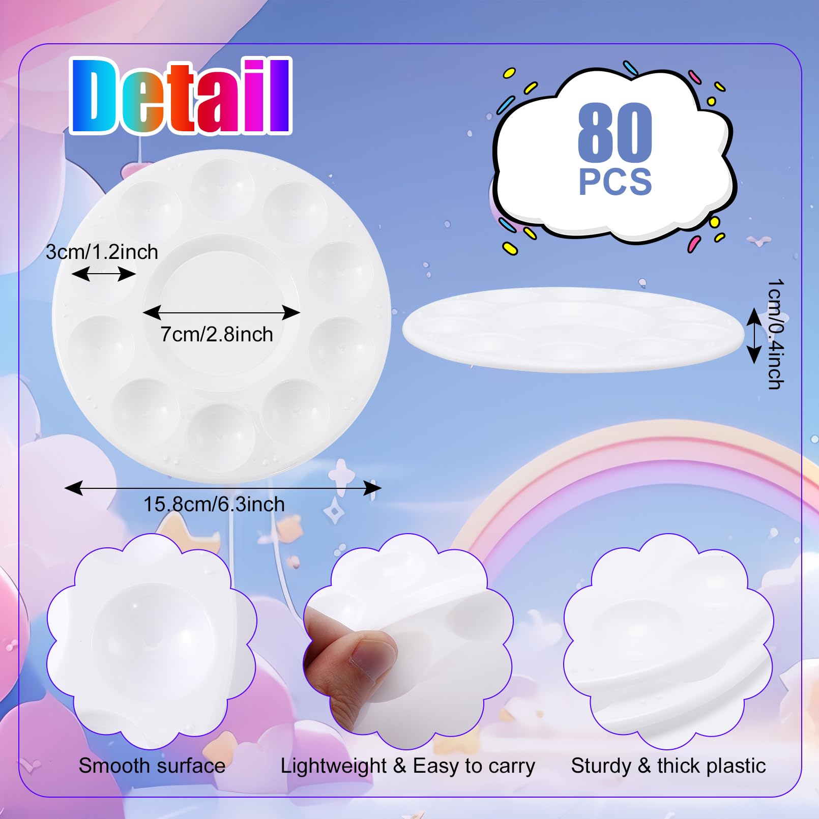CACASO 80 PCS Paint Tray Palettes,Plastic Paint Pallets with 10 Wells,Round Paint Pallet for Kids and Students,White Paint Palette for Art Classes,Acrylic Painting,Watercolor Painting,DIY Crafting