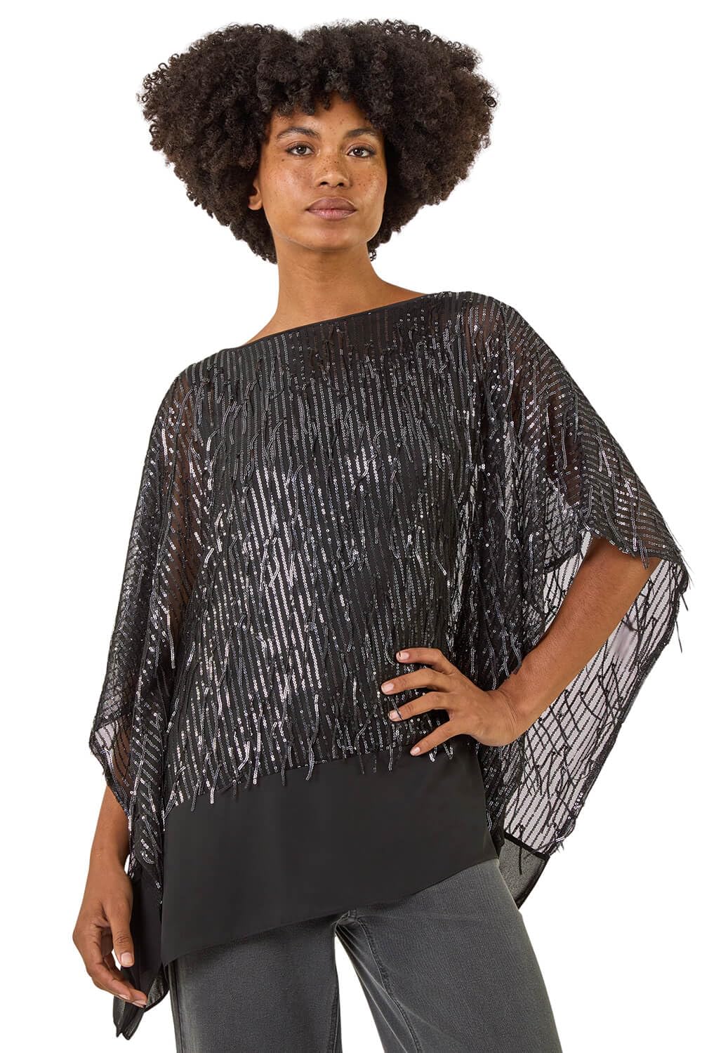 Roman Originals Women's Dark Grey Sequin Hem Contrast Tunic Top For Uk - Everyday Autumn Winter Round Neckline Comfy Soft Evening Vacation Work Party Night Out - Size 12