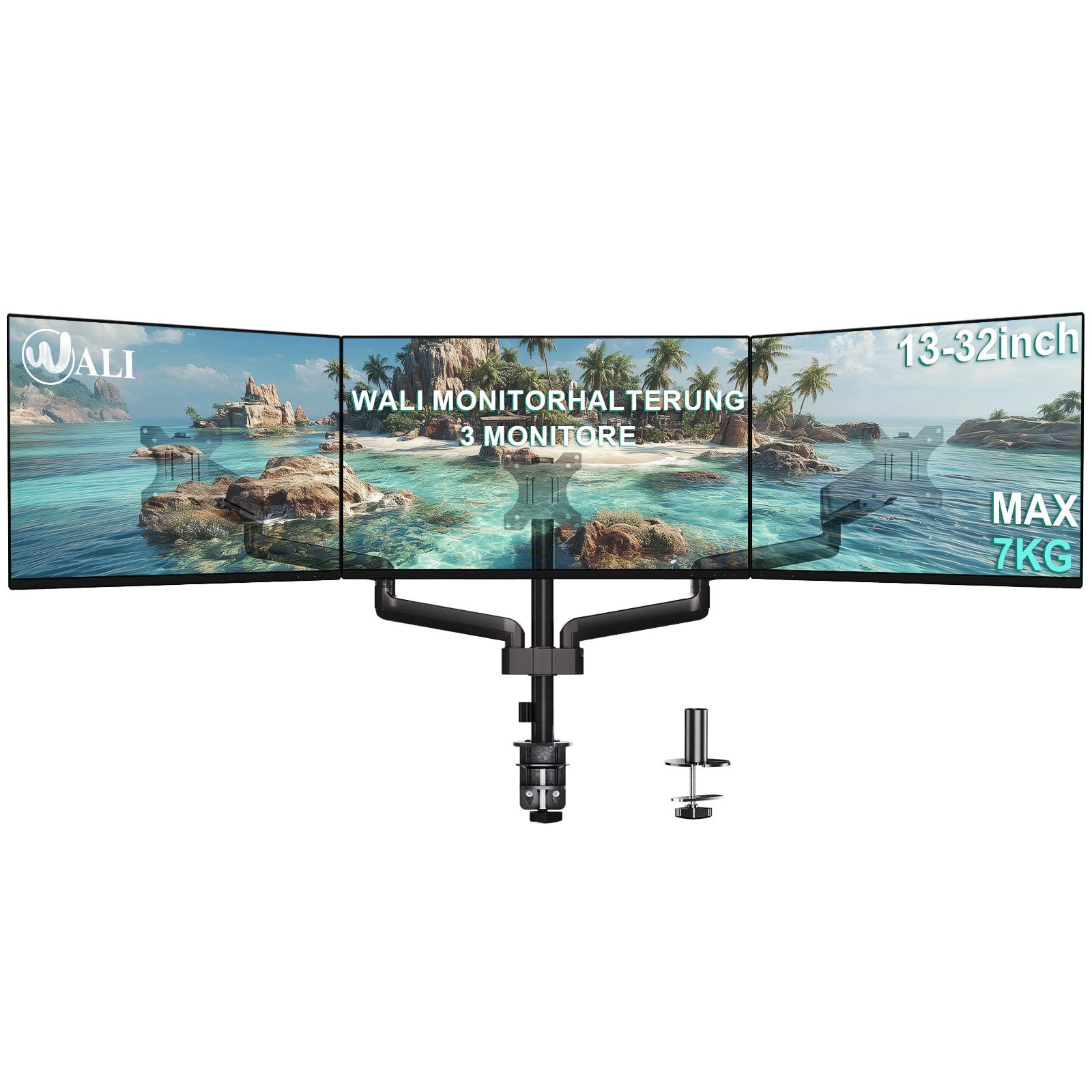 WALI Monitorhalterung 3 Monitore,Triple Tischhalterung mit Gasfederarmen für Bildschirme bis 32 Zoll, Bildschirmhalterung 3 Monitore VESA 75x75/100x100mm (GSDM003),Schwarz