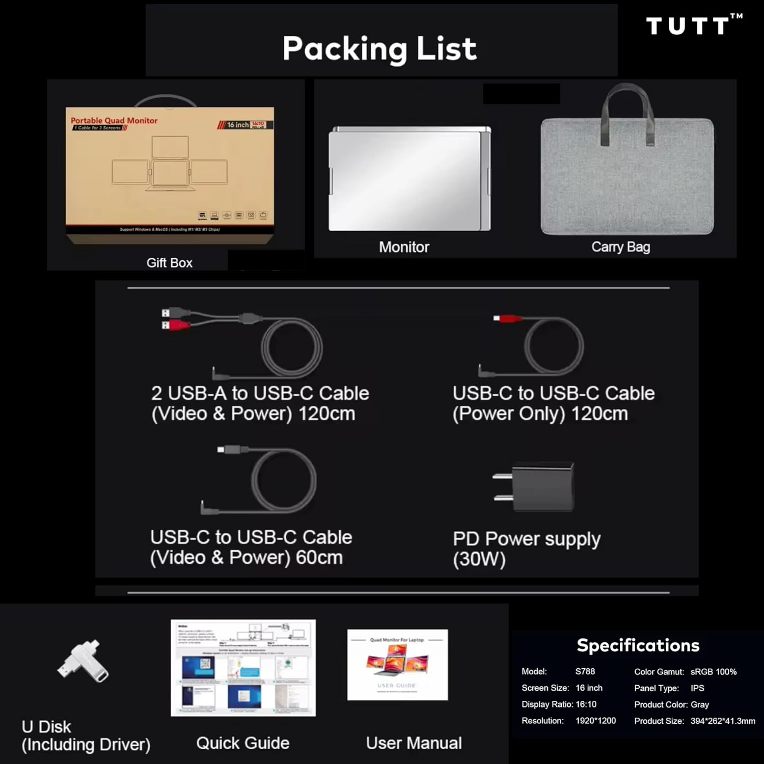 TUTT 16” Triple Screen Portable Monitor for Laptop 12”-18.5” | Single Cable Setup | 16:10 IPS | Quad Screen Extender | Stand-Alone for Mac & Windows S788