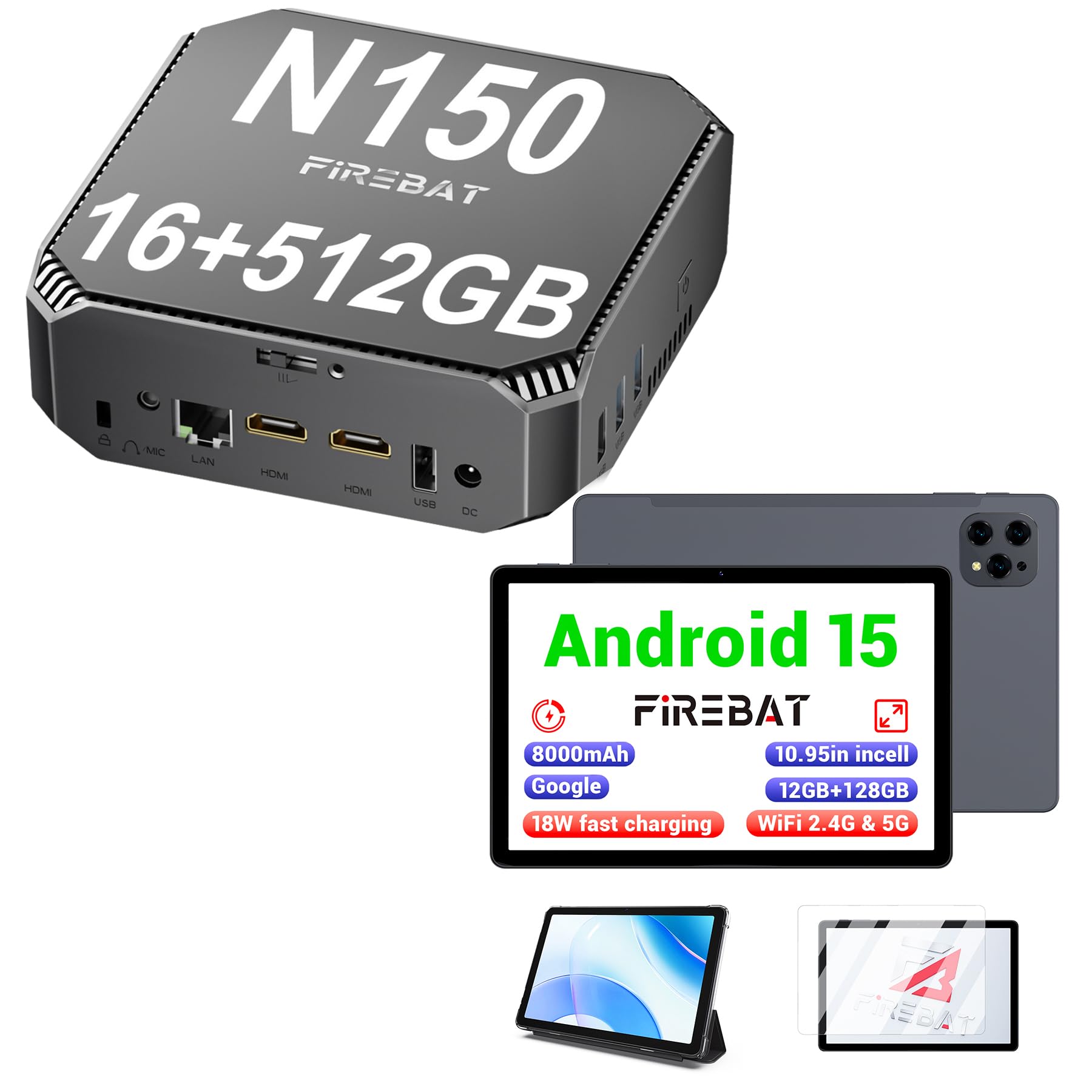 FIREBAT 10.95 Inch in-Cell 1920x1200 Touchscreen Android 15 Tablet & AK2 Model (Drak Grey, N150 CPU, 3.6GHz, 16GB RAM, 512GB SSD)