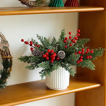 HOMCDALY Christmas Artificial Pine Branches with Red Berry and Pinecone for Tabletop Christmas Decorations, Fake Plants with Ceramic Pot, Small Chritstmas Tree for Home Decor, Christmas Decor Indoor
