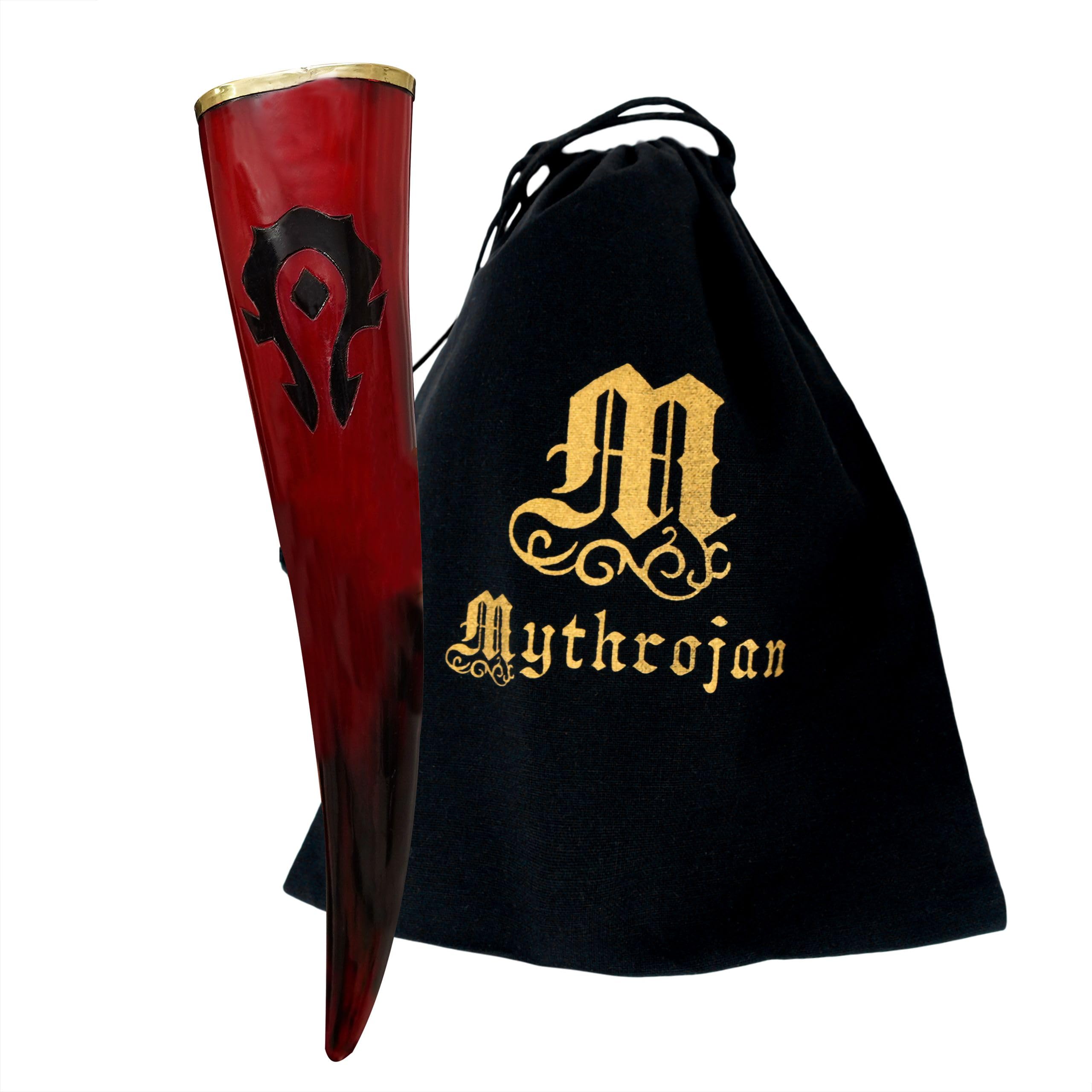 Cuerno vikingo auténtico Mythrojan de buey de 479 ml con borde de latón y bolsa