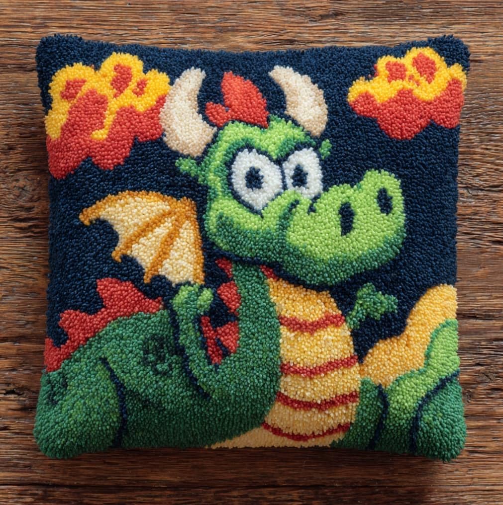 WallustrioaW DIY Latch Hook Pillow Kit,Dragon Pillowcase Kits Embroidery Kits 17X17 Inch DIY Needlework Pillow Cover Sofa Cushion Rug Making