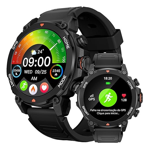 Smartwatch Relogio Inteligente Masculino Relógio Inteligente, GPS 150+ Monitoramento Esportivo, Altímetro Barômetro Bússola, Chamadas Bluetooth, 5ATM a Prova d'Agua, Tela AMOLED 3,6 cm