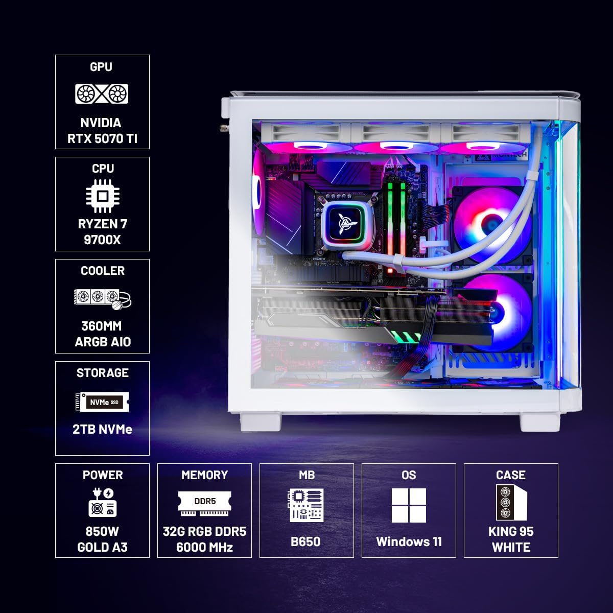 Skytech Gaming King 95 Desktop PC, Ryzen 7 9700X 3.8 GHz (5.5GHz), NVIDIA RTX 5070 Ti 16GB, 2TB Gen4 NVMe SSD, 32GB DDR5 RAM 6000 RGB, 850W Gold ATX 3 PSU, 360mm ARGB AIO, Wi-Fi, Win 11