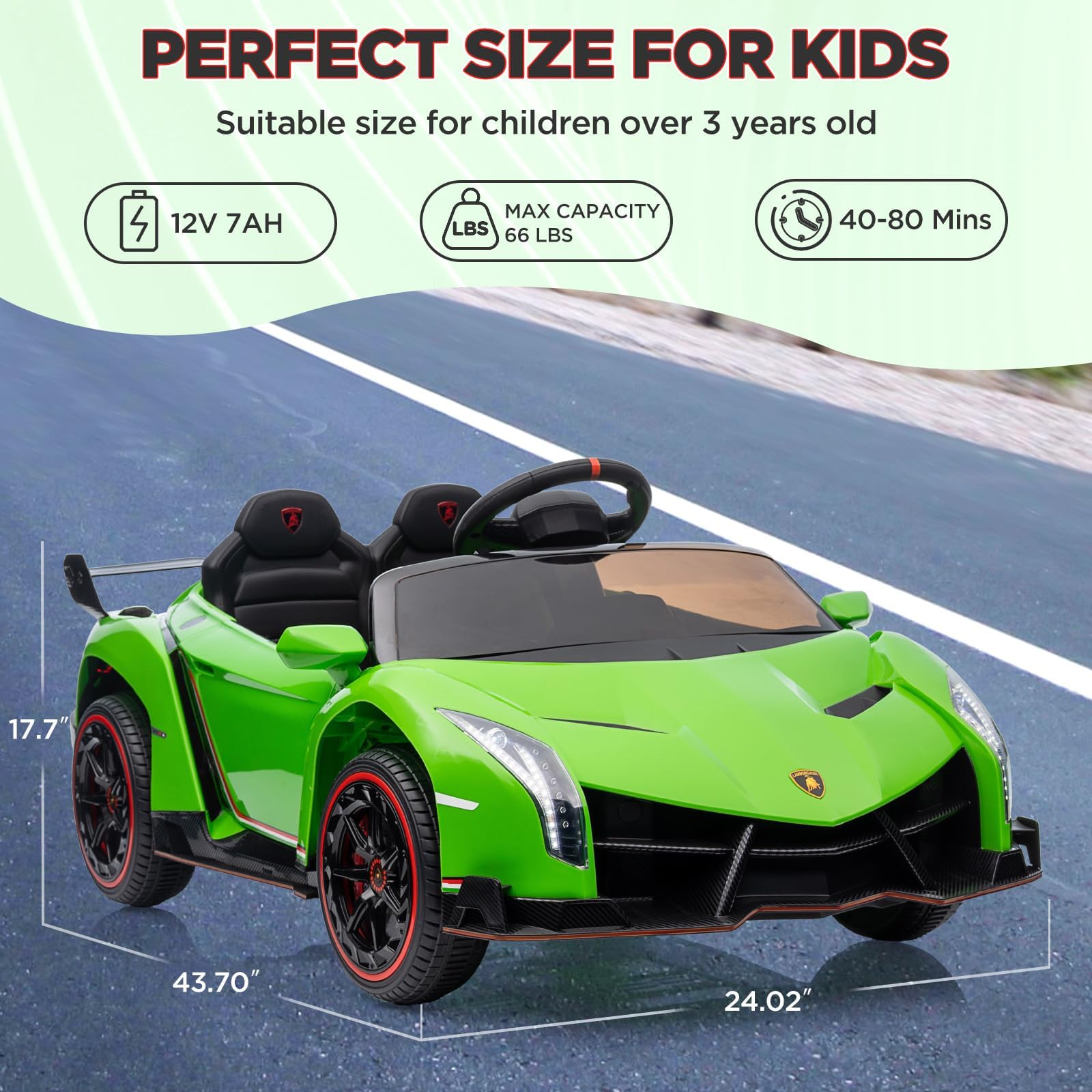GarveeHome Coche eléctrico Infantil Lamborghini 12V con Licencia - Puertas Tipo Tijera - Mando a Distancia Parental - Luces LED - Asiento Amplio - Música MP3/inalámbrico - para niños 3-8 años - Verde