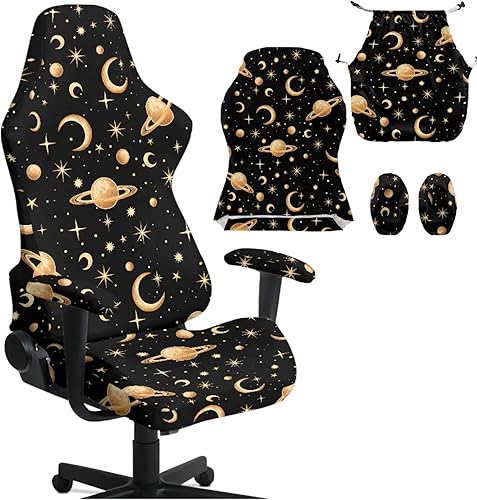 Planets Office Chair Cover with Arm Black Computer Chair Covers Universal Fit 4PCS Set Gamer Chairs Slipcovers for E-Sports Enthusiasts