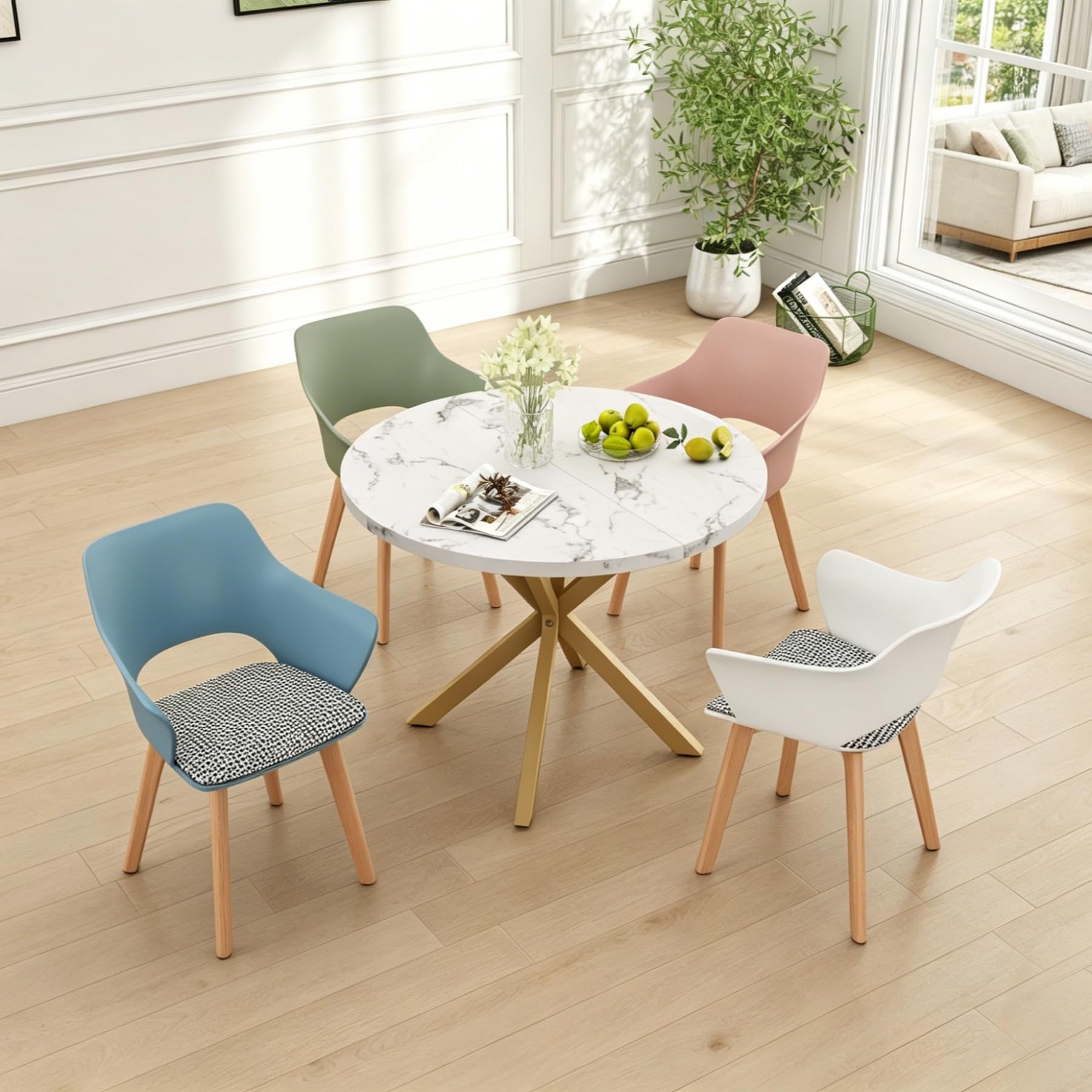 Juego de 4 Sillas de Comedor Modernas, Silla de Comedor de Estilo Nórdico con Reposabrazos, Patas de Haya, Silla de Cocina Tapizada a Cuadros de Lino - Blanco+ Rosa + Verde Claro + Azul Claro