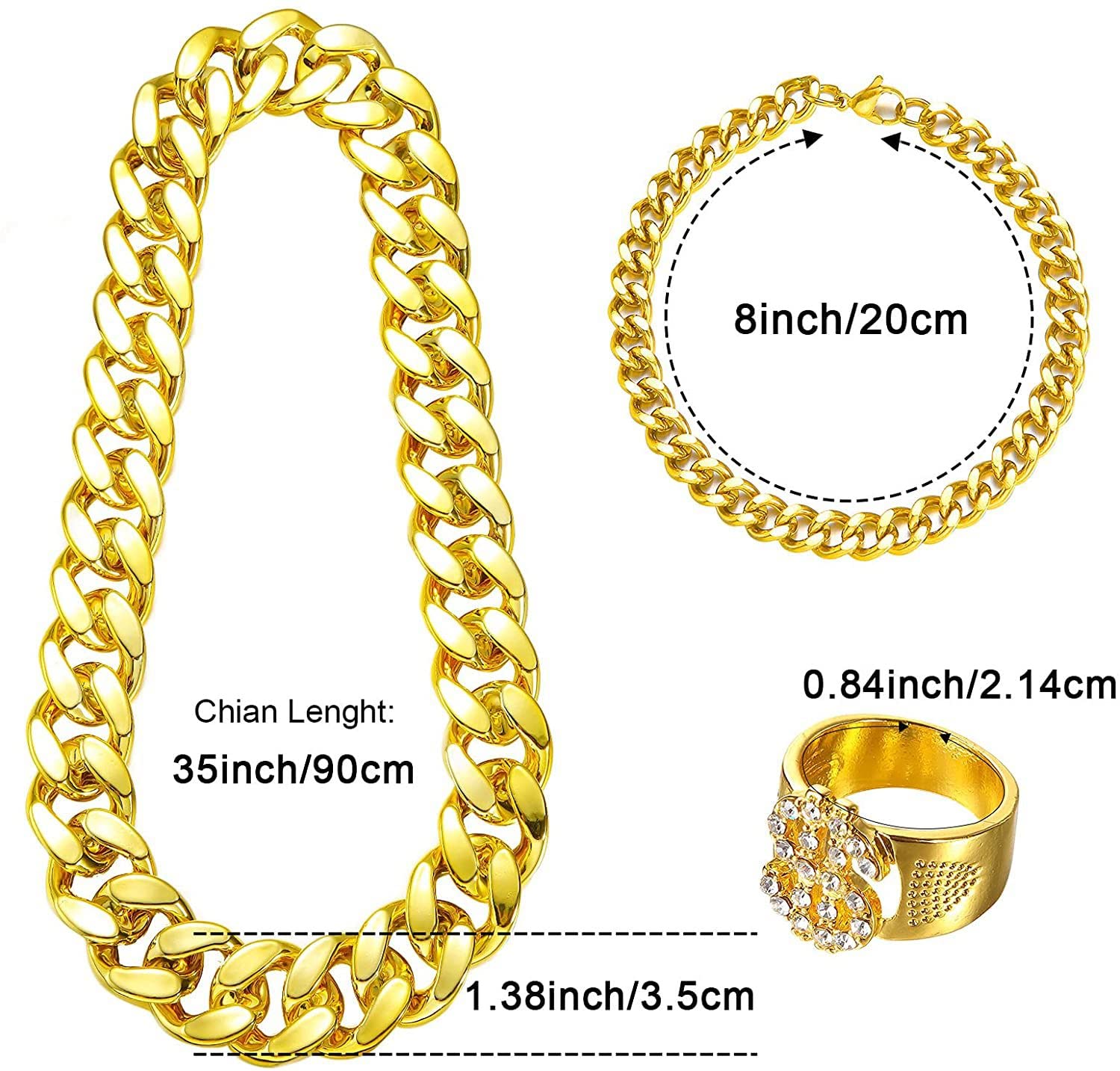 FACATH 90s Hip Hop Costume Accessories for Women Men 80s Hip Hop Outfit Old School Rapper Sunglasses Faux Gold Rope Chain Bracelet Dollar Sign Chain Ring Kanji Ring Halloween Party Decorations - Image 3