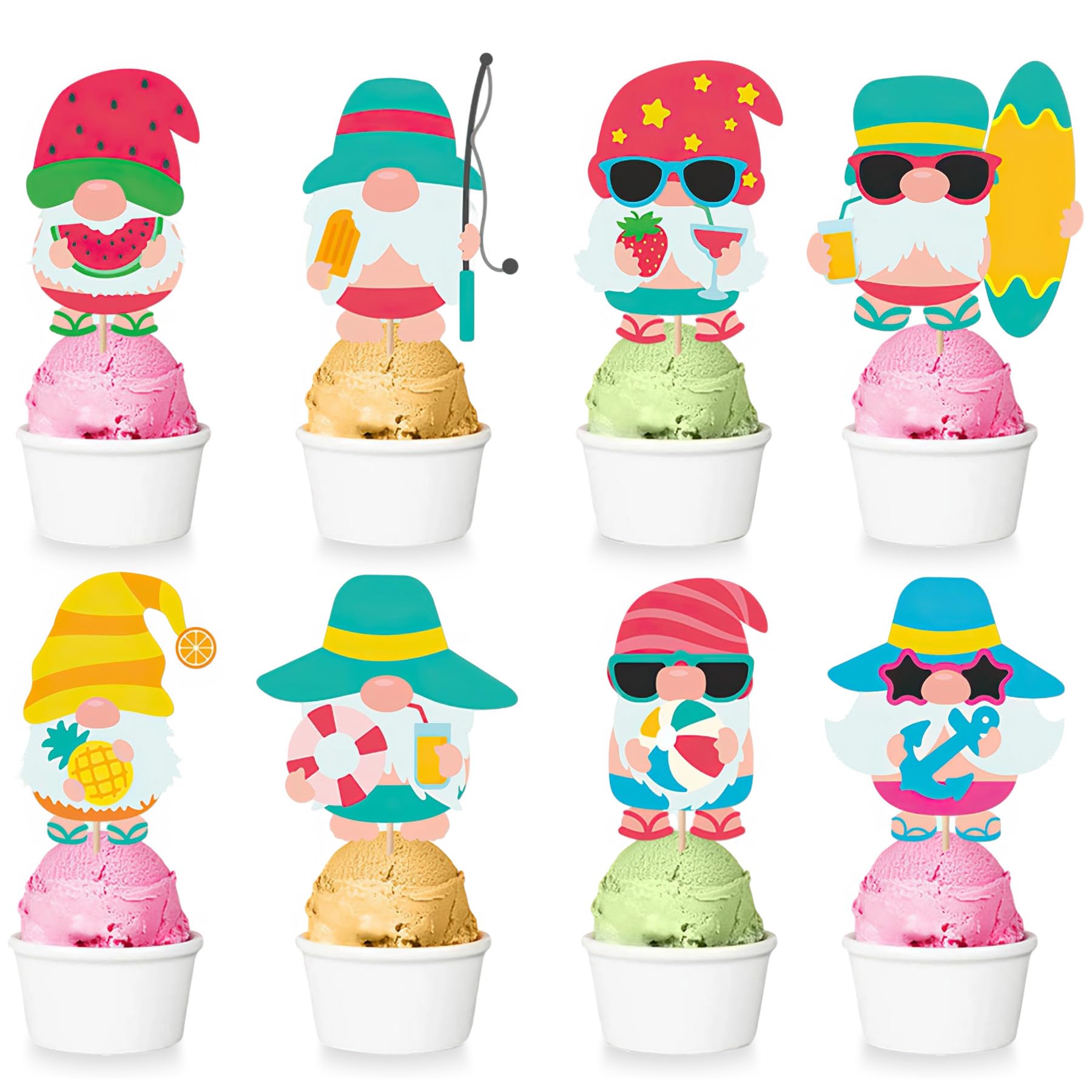RAORAOYUE 32Pcs Summer Gnome Cupcake Toppers, Hawaiian Pool Party Cupcake Toppers Picks, Cake Decorations for Summer Birthday Tropical Luau Hawaiian Party Supplies