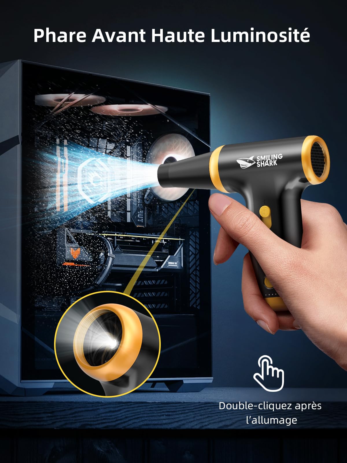 Smiling Shark Souffleur Air Comprimé, JF-01 PRO Vitesse Variable 130000TR/Min Dépoussiérant Puissants Électrique avec Lumières LED, Turbo Ventilateur Portable pour Cooling/PC/Clavier/Voiture