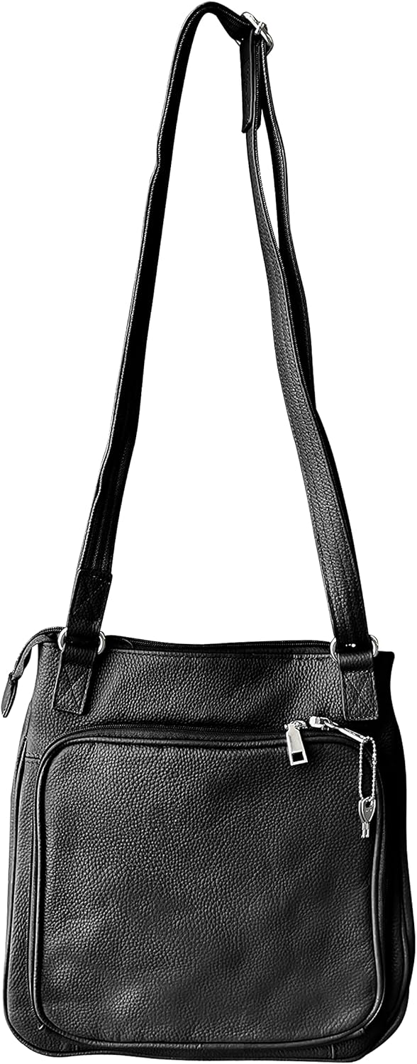 Cowhide leather Concealment Purse CCW Lockable Conceal Carry Gun Bag with Wire Reinforcement Strap (Black)