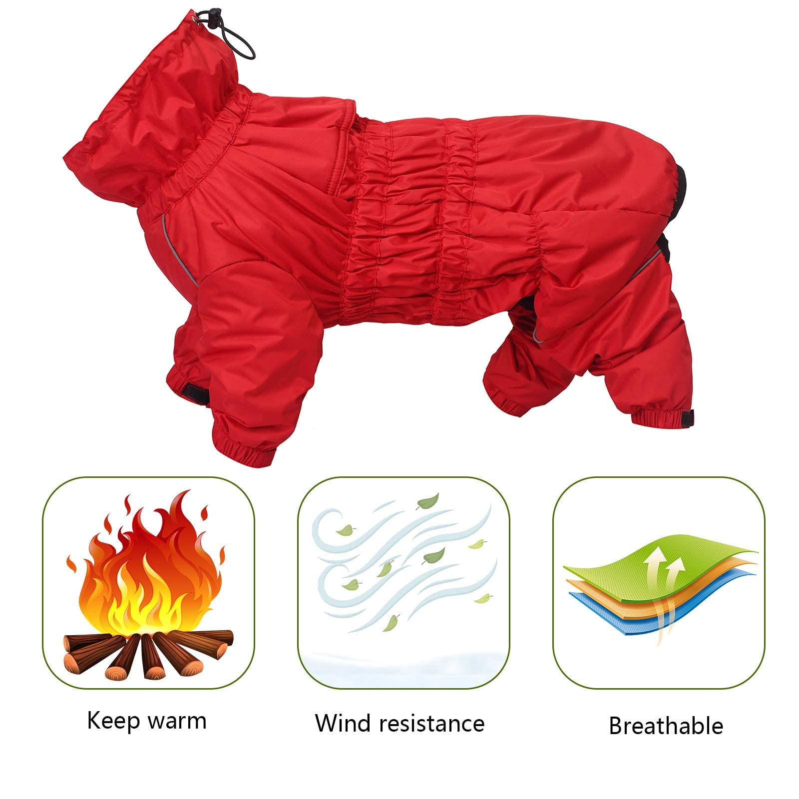 Extensible Manteau d'hiver avec Jambe pour Chien, Chien Manteau imperméable avec Polaire doublée et col Montant Coupe-Vent, pour Petite et Moyenne Chiens-Rouge-L
