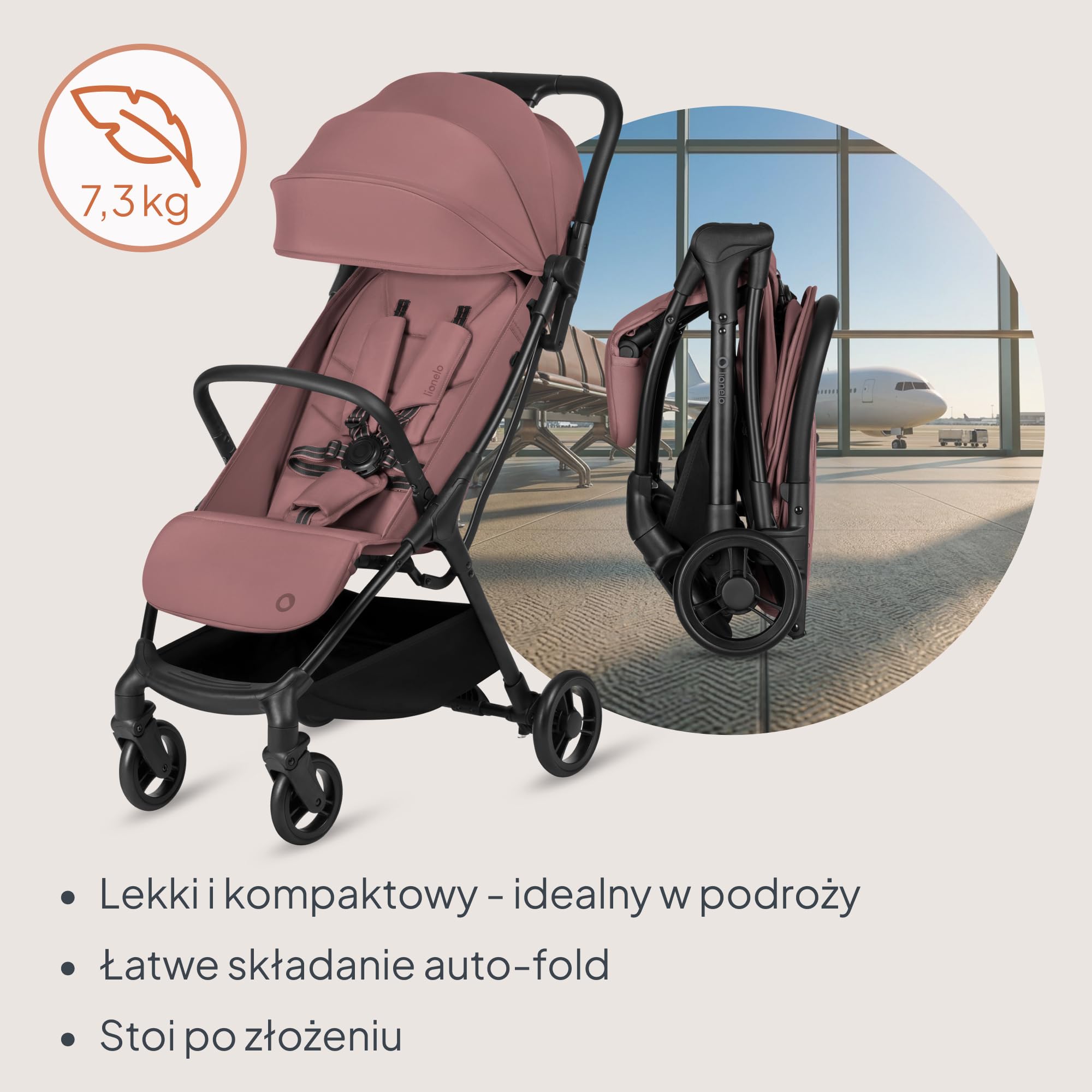 Lionelo Agia wózek podróżny do 22 kg, lekki wózek dziecięcy od 6 miesięcy, mały, składany, z funkcją automatycznego składania jedną ręką, funkcja leżenia, duża powierzchnia do siedzenia, zawieszenie