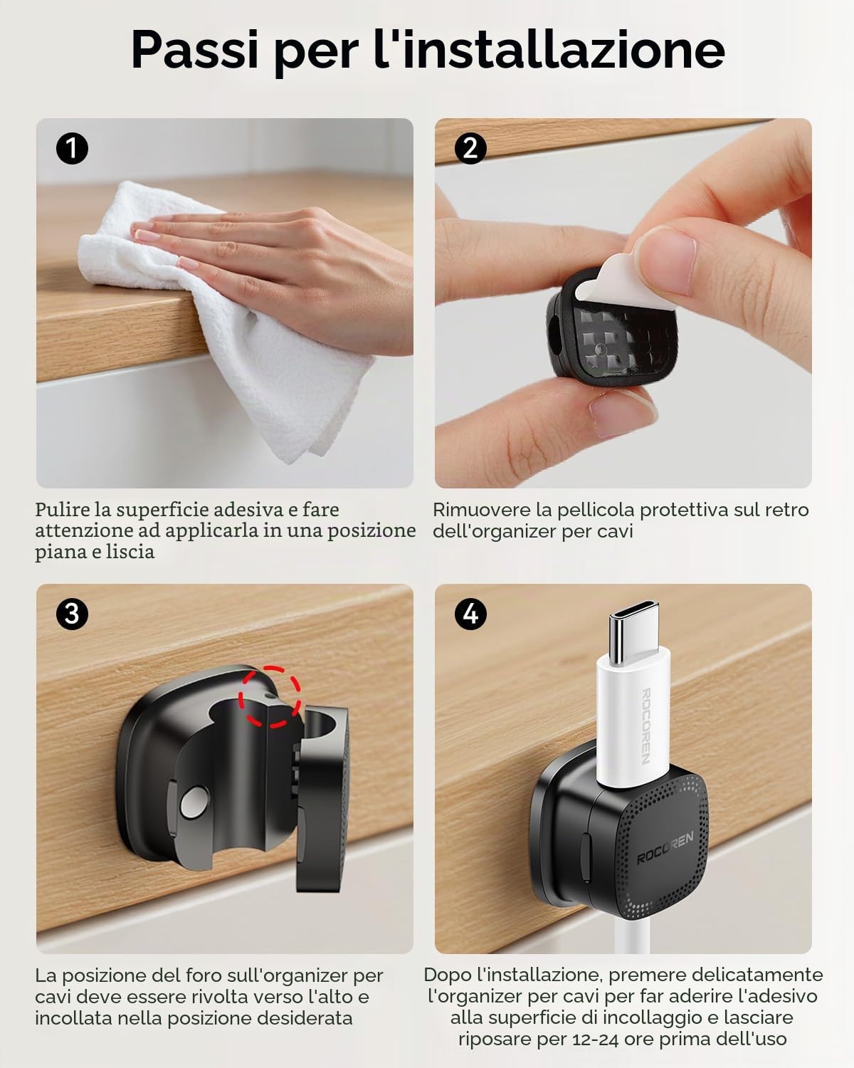 Rocoren 30 Pezzi Ferma Cavi Adesivi, Supporto Magnetici per Cavi, Organizer per Cavi per Scrivania, Parete, Casa, Ufficio, Auto, Compatibile con Cavo di Alimentazione, HDMI, Cavo di Ricarica (Nero)