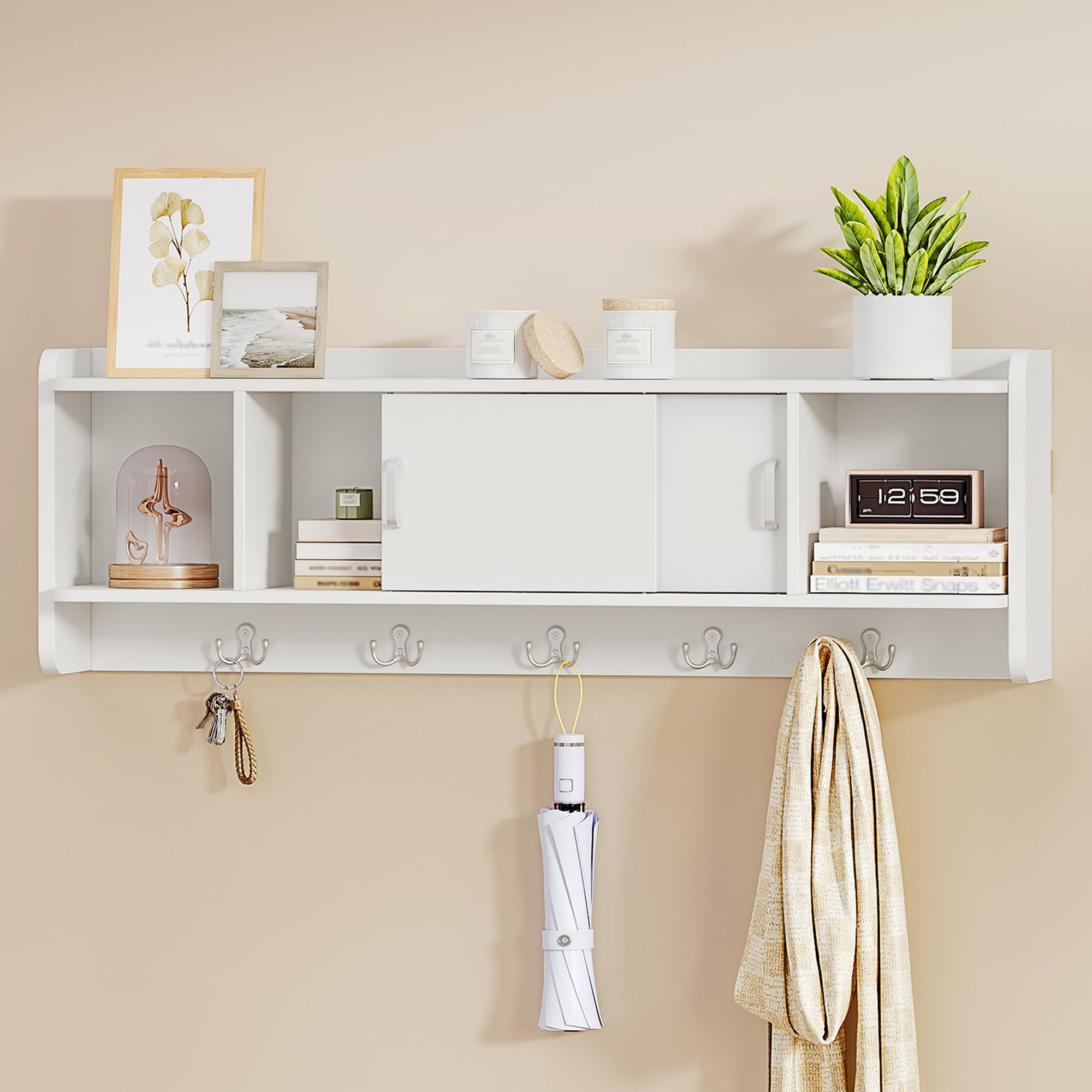 Hzuaneri Appendiabiti a Muro con 4 Scomparti e 5 Ganci, Bianco | Ante Scorrevoli, Mensola Parete Multifunzionale, Stile Moderno Minimalista, per Corridoio Camera, 22x98x40 cm, LCR60303X