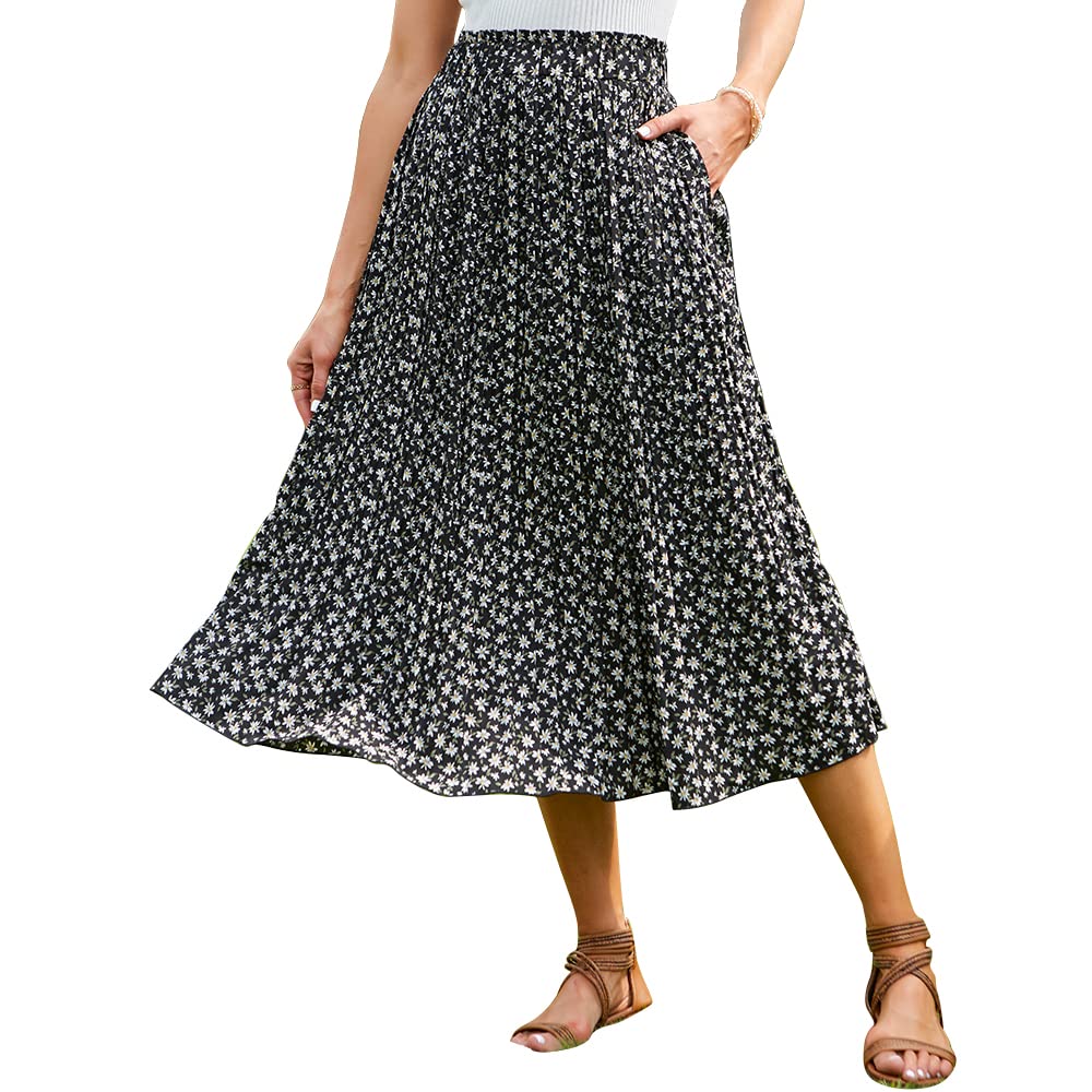 EXLURA Womens High Waist Polka Dot Pleated Skirt Midi Swing
