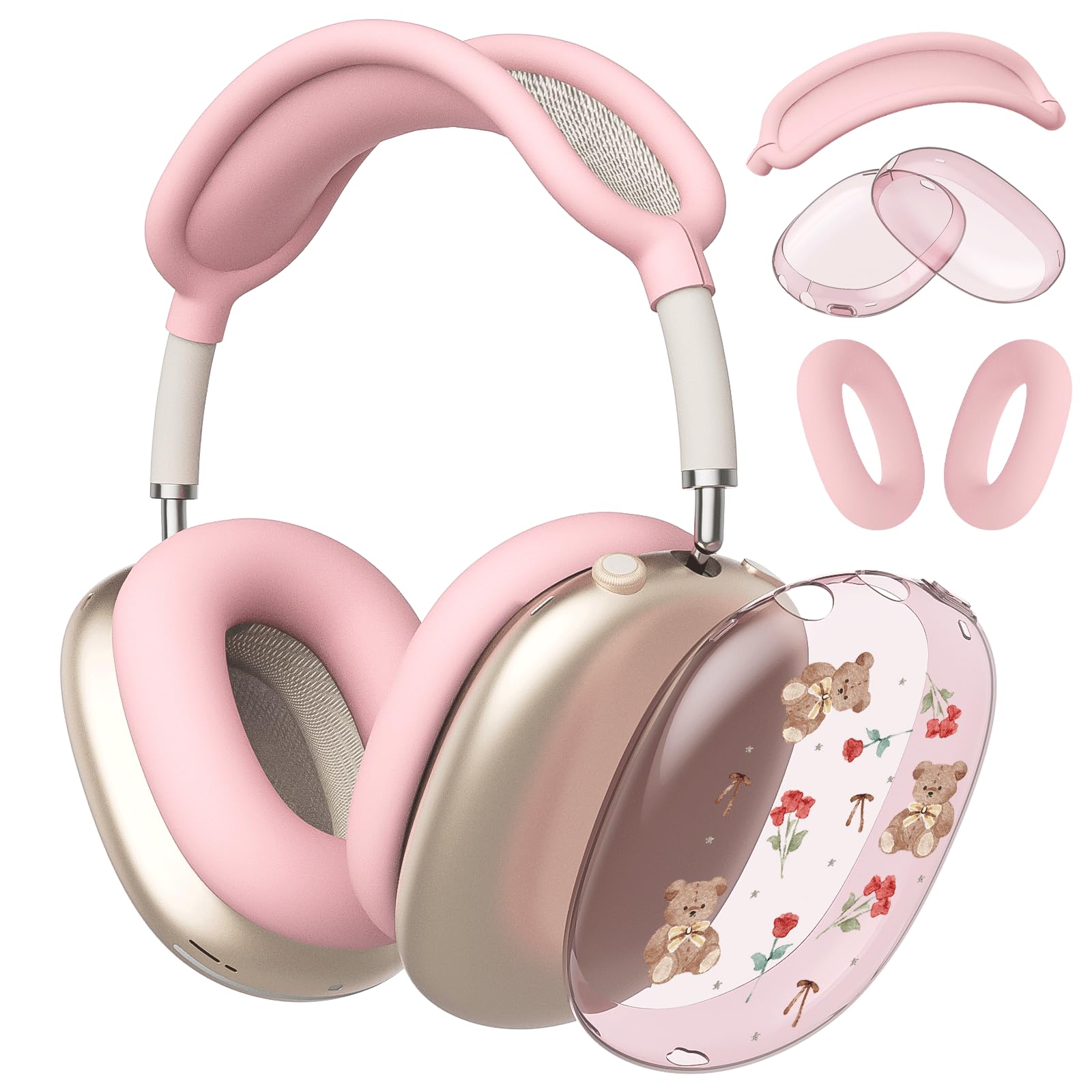 CozyNestCY Cute Floral Bears Clear Case for Airpods Max Headphones Lovely Rose Flowers Soft TPU Ear Cups Cover Anti-Scratch Silicone Ear Pad