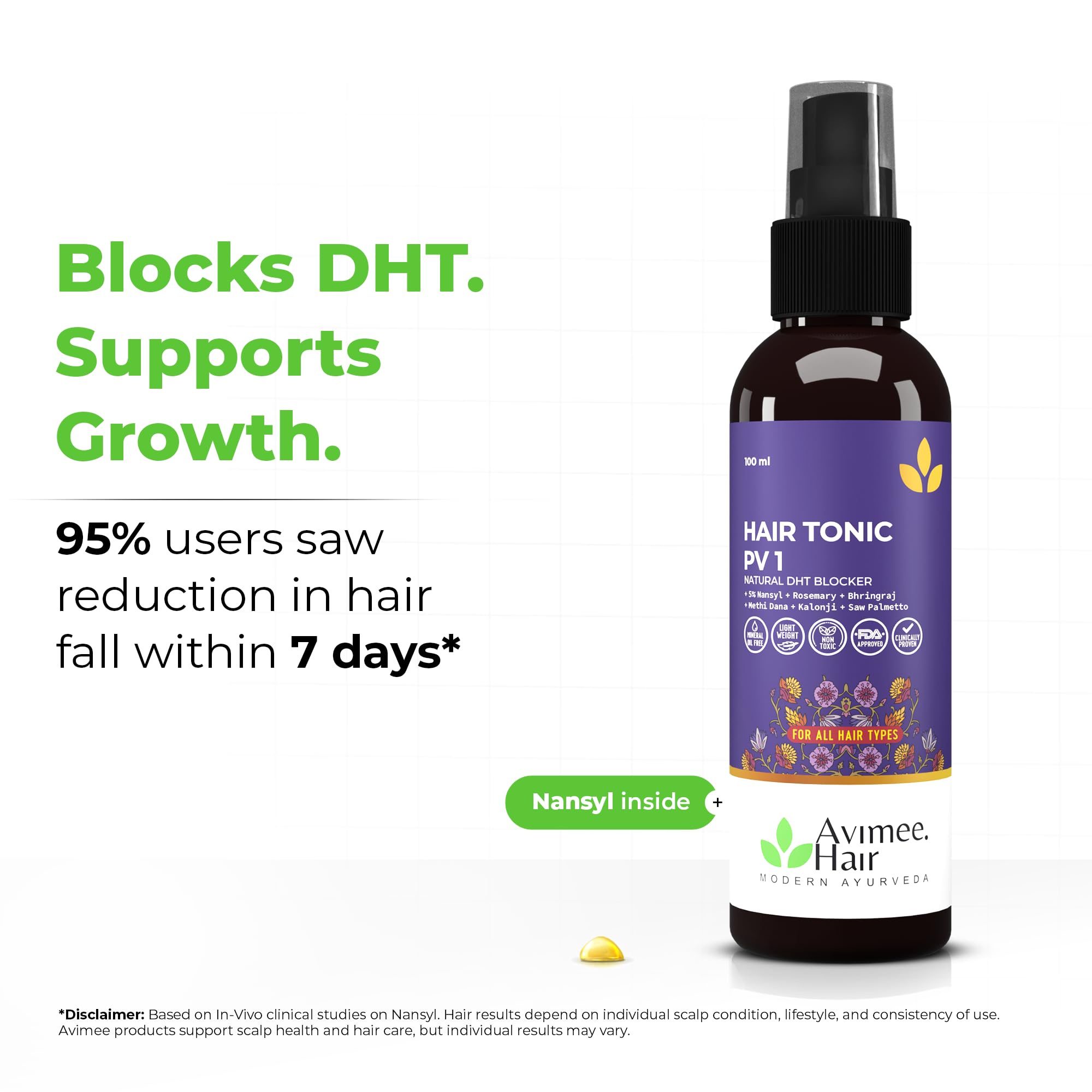 Avimee Herbal Hairtone PV 1 Scalp Tonic | Natural DHT Blocker | Hair Serum for Hair fall Control | With Rosemary, Saw Palmetto, Amla, Methi & Bhringraj Extracts | Serum For Men & Women | 100 ml 3