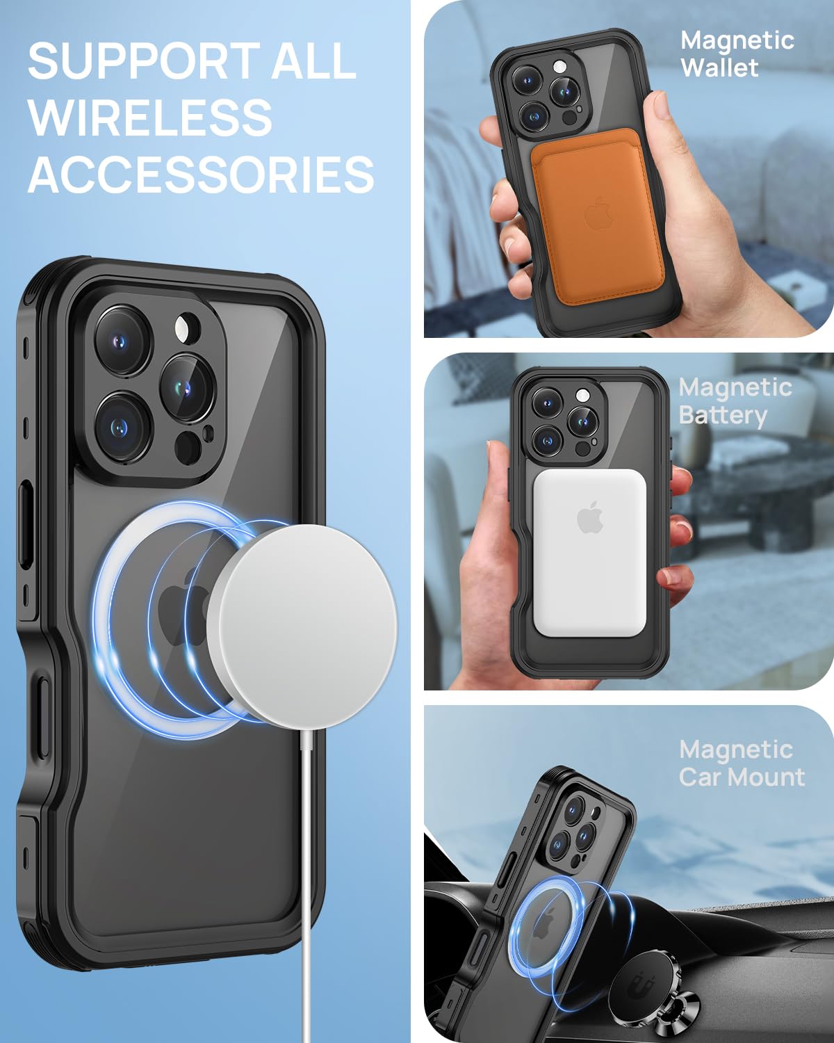 Lanhiem Etui na telefon komórkowy iPhone 16 Pro Max, wodoszczelne, IP68, z Magsafe, 360°, ekranowane magnetycznie, na zewnątrz, odporne na wstrząsy, z ochroną ekranu, czarne