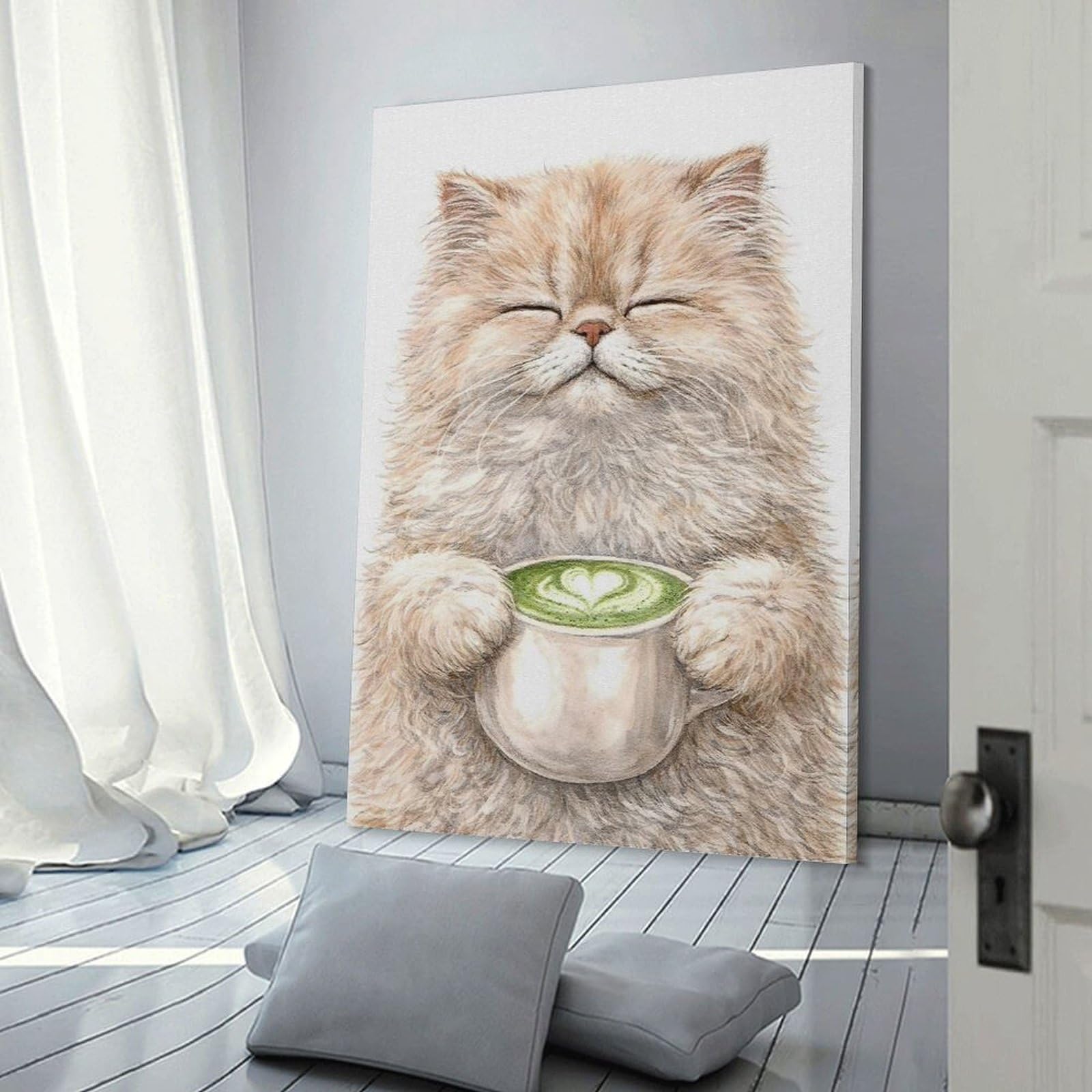 Junmoney Fluffy Cat Enjoying Matcha Latte Wall Art Print 20x30inch(50x75cm), for Gallery Wall Layouts in Home Or Office, An Easy Match for Collected Prints
