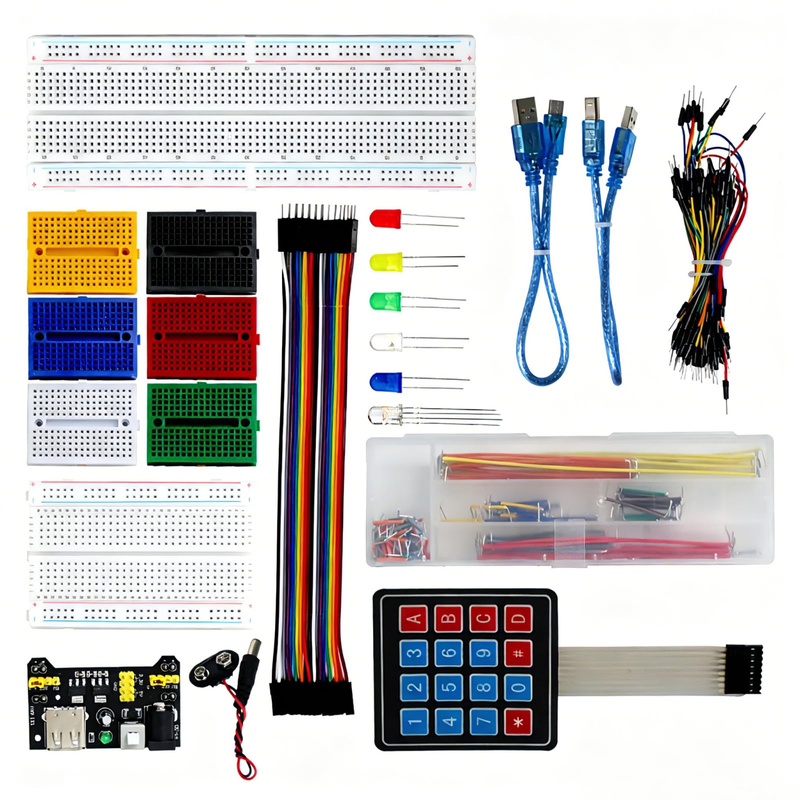Electronics Component Fun Kit with 830 & 400 tie-Points Breadboard, Jumper Wire, Power Supply Modle, 4x4 Keypad, dioda LED, kabel USB, łącznie 358 przedmiotów kompatybilny z Arduino, Raspberry