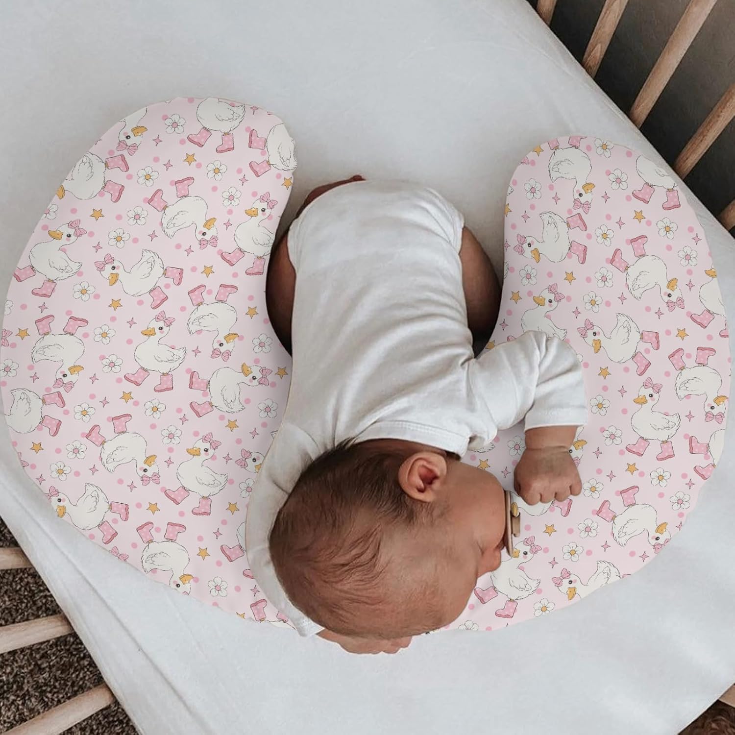 Cute Geese Bows Floral Nursing Pillow Covers Pink Girly Ducks Flowers Soft Stretchy Nursing Cover for Breastfeeding Pillows Pastel Farm Birds Pillow Slipcovers for Baby Girls Boys Newborn