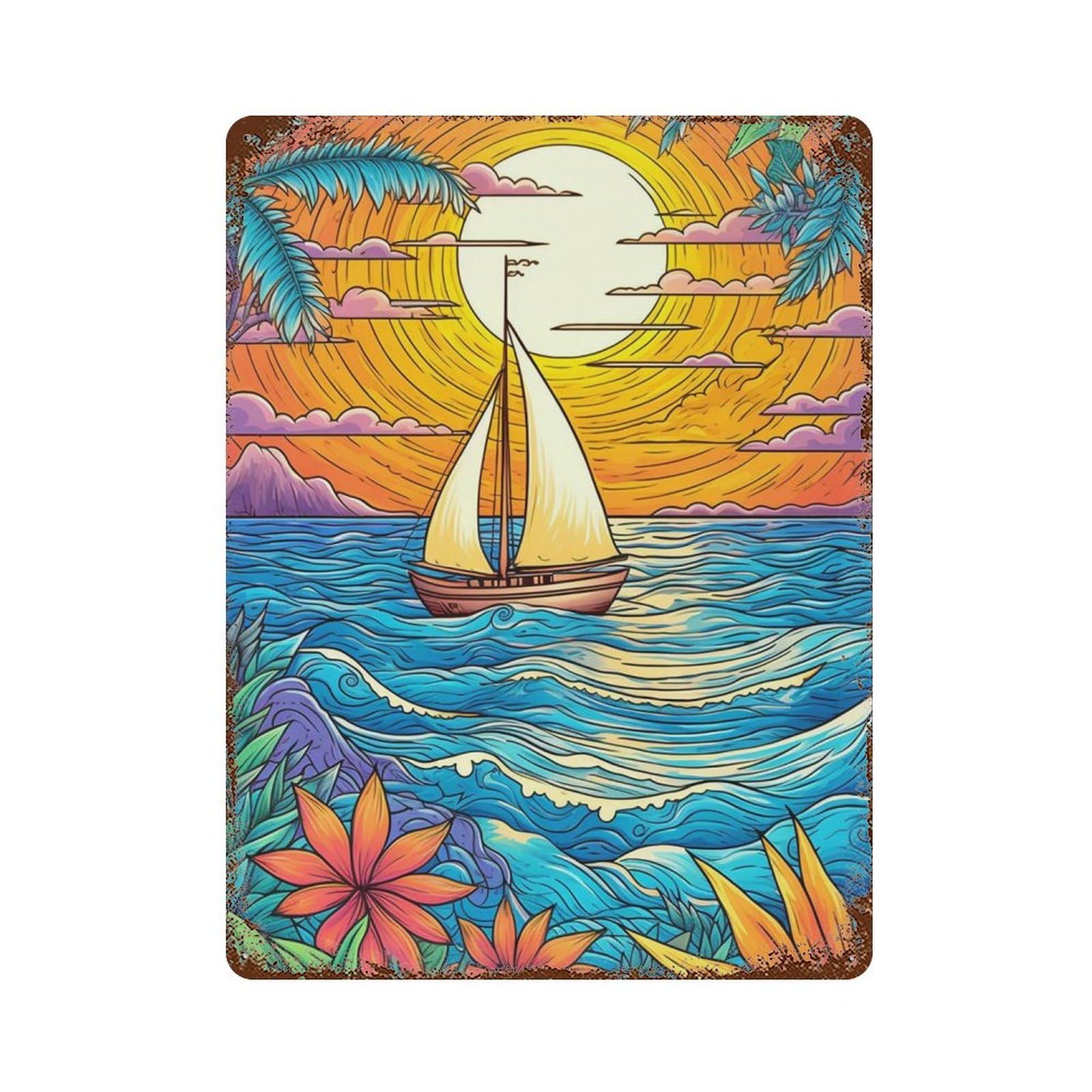 Tropical Sunset Sailboat Retro Metal Sign 15.7"x11.8", Old School Wall Decor for Garage, Bar And Workshop Decor