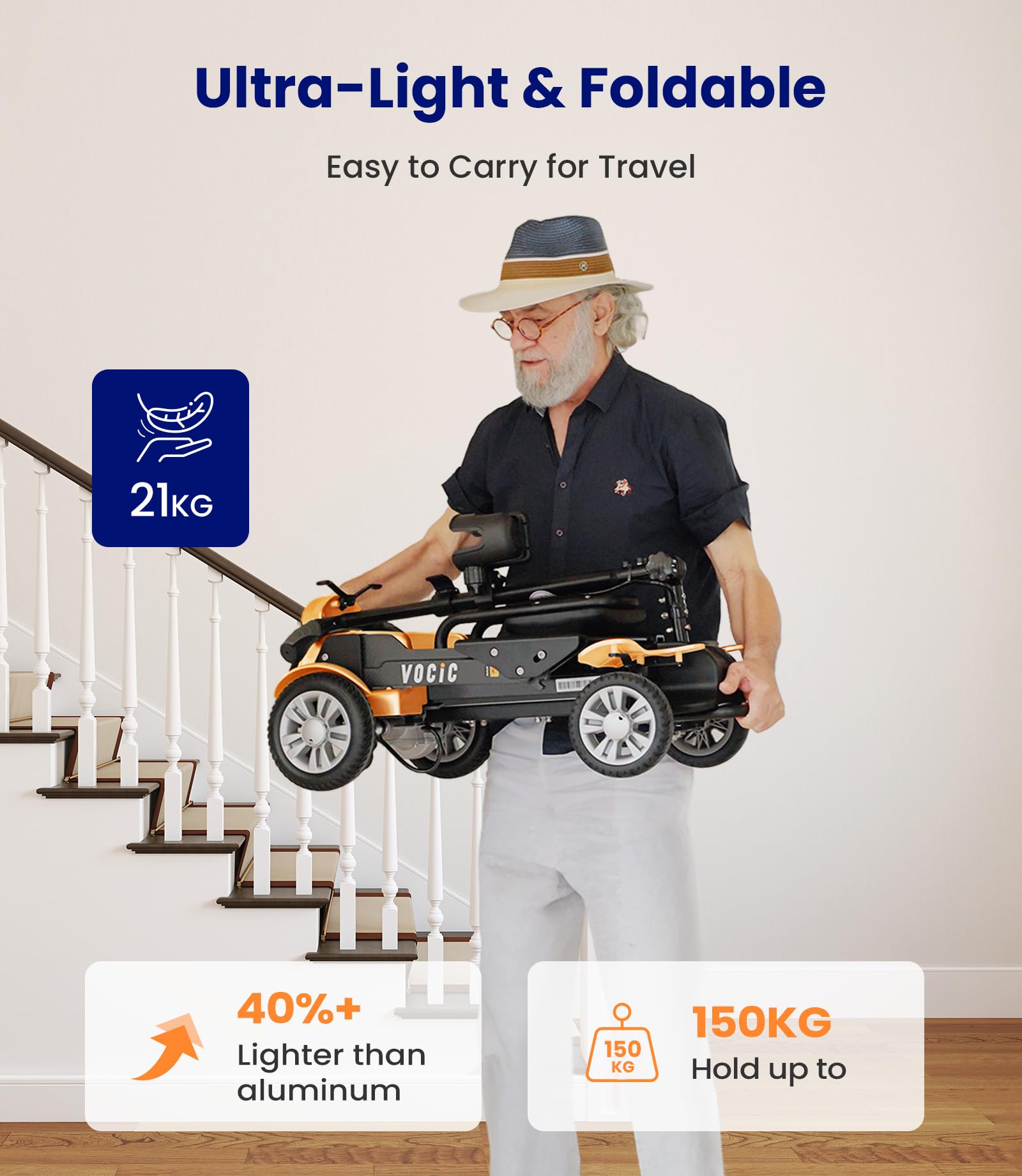 VOCIC D71 Carbonio Elettrico pieghevole disabili ultraleggera(21KG),20KM | 20 chilometri Carbonio Mobilità disabili per adulti con telai regolabili, Aeromobile idoneo al volo,5 anni (Arancione)