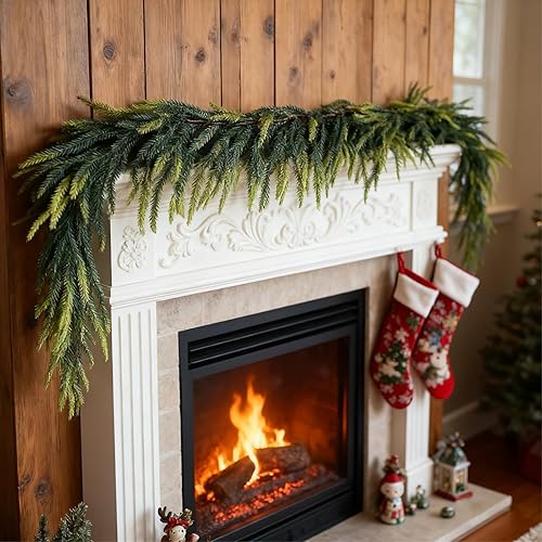 Miniatura 2 de 2 guirnaldas artificiales de pino Norfolk de 6 pies, guirnalda de Navidad de tacto real con 30 ramas, guirnalda de vegetación invernal para repisa