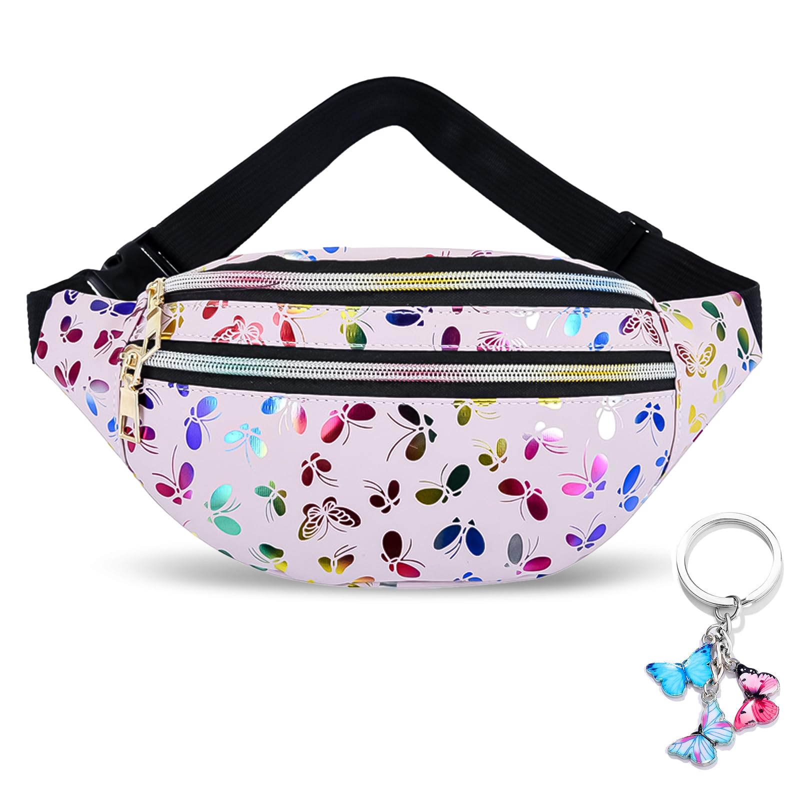 BMHNQ 1 Riñonera Mujer Moda Riñoneras Niña Impermeable Riñonera Festival Riñoneras Holográficas Rosa Brillante Riñonera Deportiva Viaje Marcha Brillante Riñoneras Multifuncional 1 Llavero de Mariposa