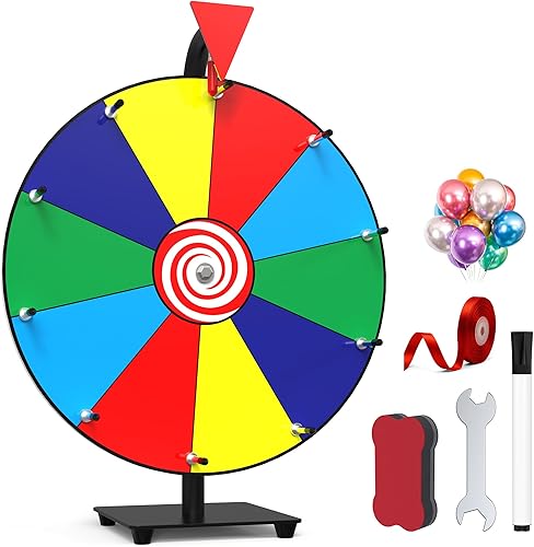 14 Inch Spinning Prize Wheel- 10 Slots Heavy Duty Color Tabletop Roulette Spinner of Fortune Spin The with Dry Erase Marker and Eraser Win Game for