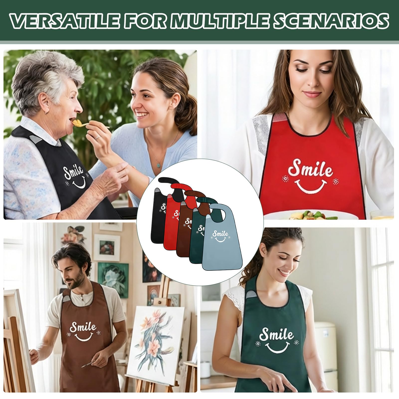 Lot de 5 bavoirs imperméables et réutilisables pour adultes avec lettres amusantes pour personnes âgées, protections lavables pour personnes âgées et handicapées (noir, rouge, vert foncé, marron, bleu