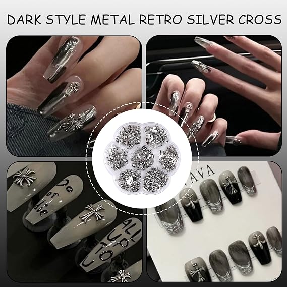 MUNSKT 2-Pack 3D Cute & Punk Nail Charms Set, Pink White Bowknots + Chrome Hearts Crosses, DIY Nail Art, 3D Gems, Gothic Punk, Pearls, Jewelry Accessories, for DIY, Decorations