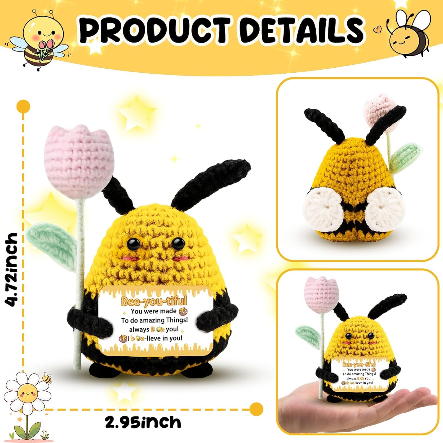 Inspirational Gift for Women Men Funny Handmade Crochet Bee Stuffed Animal Emotional Motivational Support Crochet for Teacher Appreciation Boss Nurse Office Home Desk Decoration - Image 3