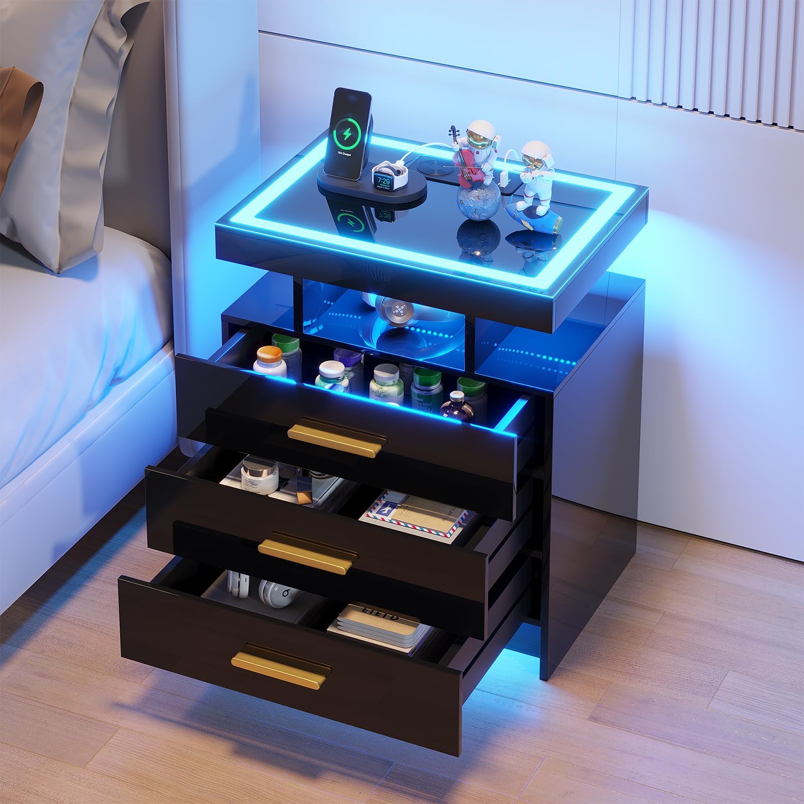 HNEBC Black Nightstand with 3 Drawers& Wireless Charging Station&LED Lights