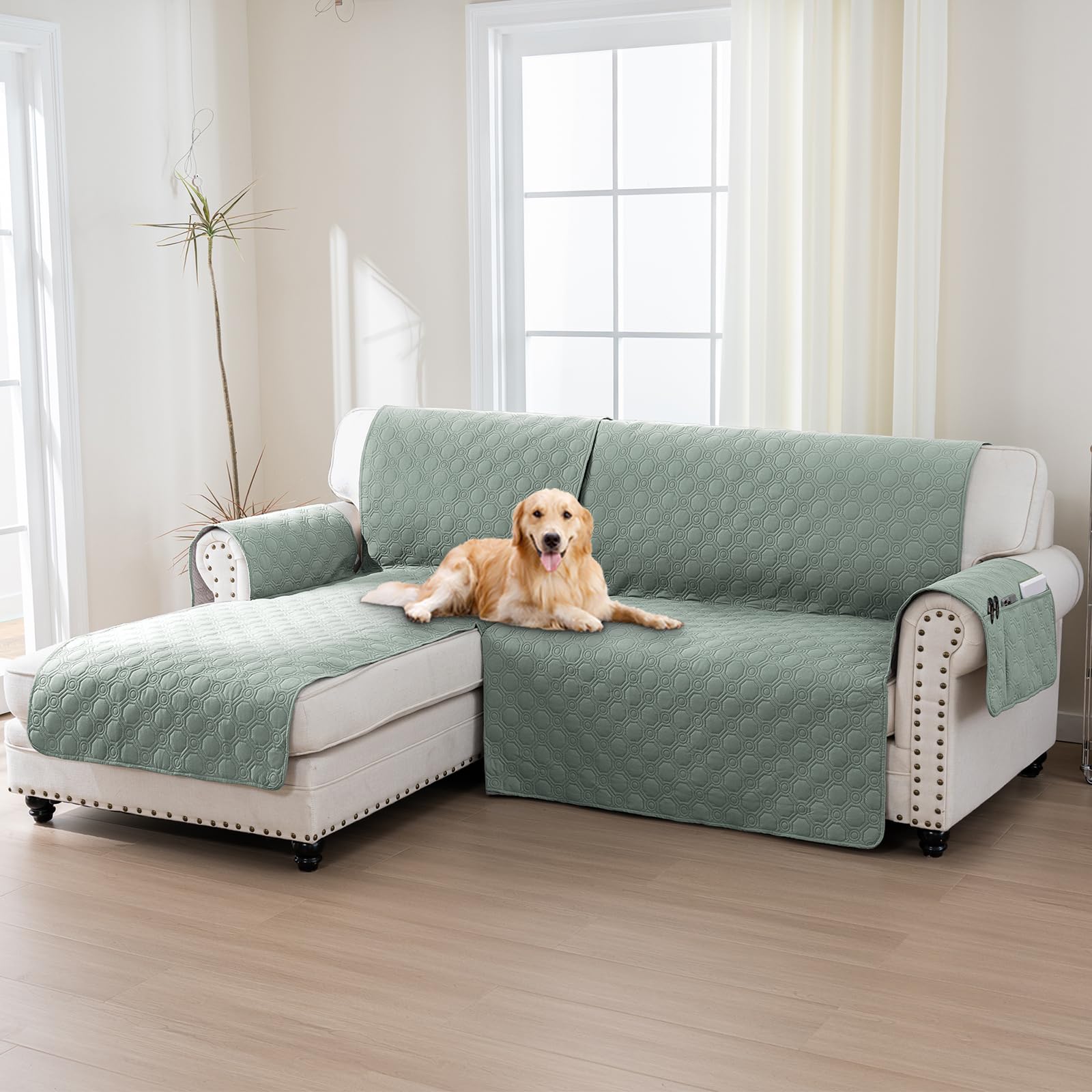 BellaHills 100% Impermeabile Copridivano 2 Posti Con Penisola a Sinistra - Copridivano Angolare - Antiscivolo - Antimacchia - Antigraffio Copridivano, Seduta 205cm, Ninfea