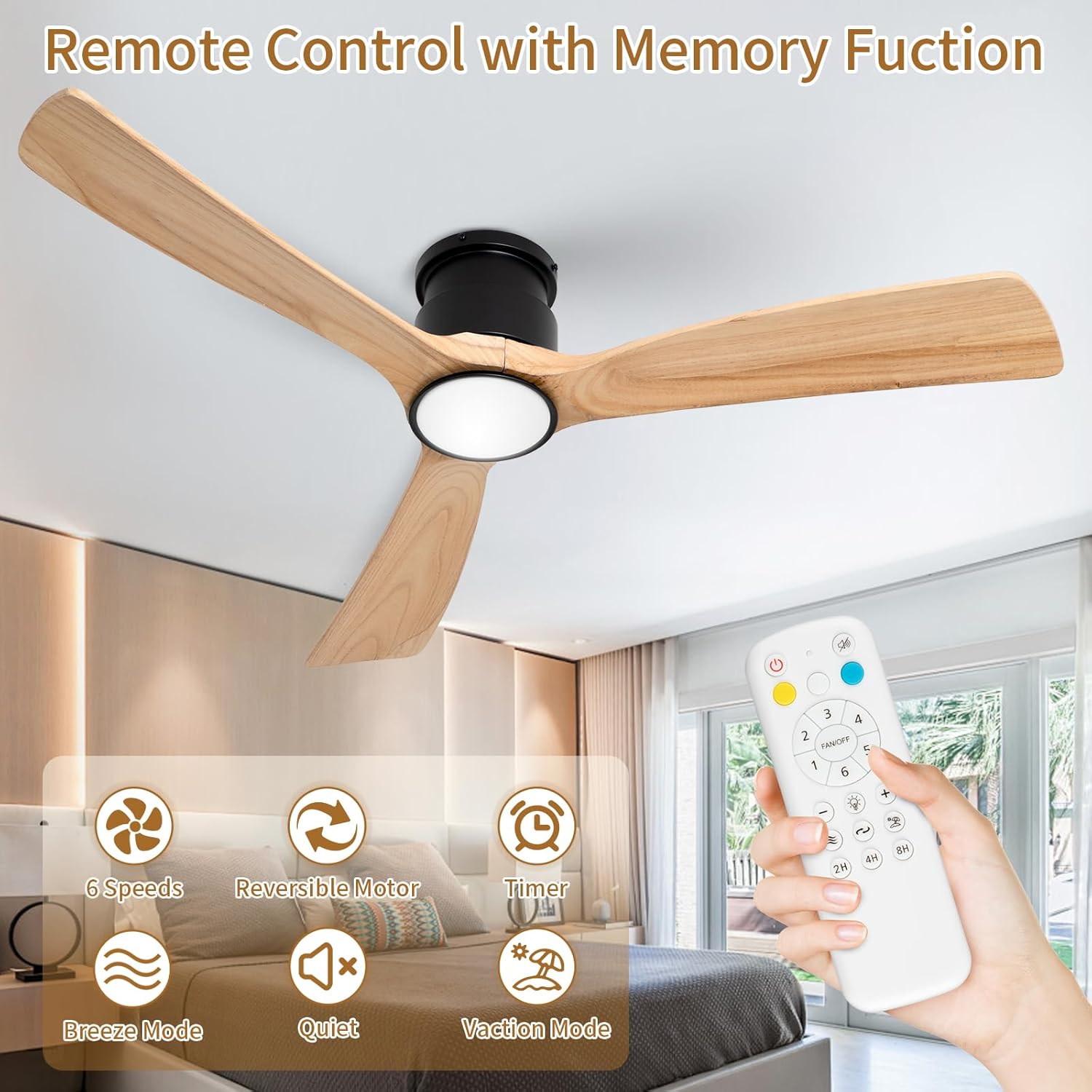 ceiling fan with lights,52 inch wood flush mount ceiling fans with remote control,dimmable light,3 cct,6 speeds,noiseless,ceiling fan for bedroom,living room,office,indoor,natural wood and black low profile+natural wood+black body