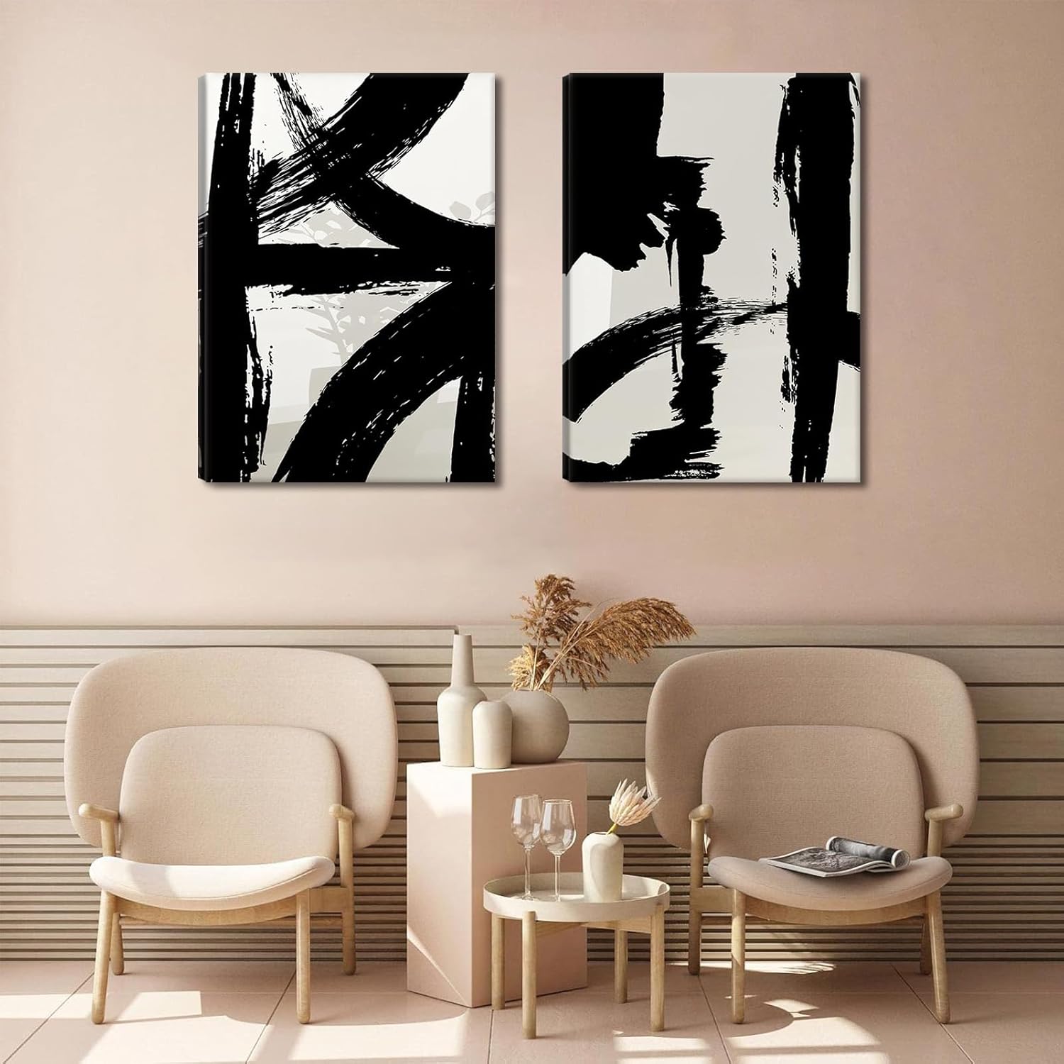 Black and White Brush Stroke Canvas Wall Art Modern Abstract Minimalist Ink Line Painting Picture Mid Century Geometric Prints Poster Retro Graffiti Artwork for Office Home Decor 16x24in