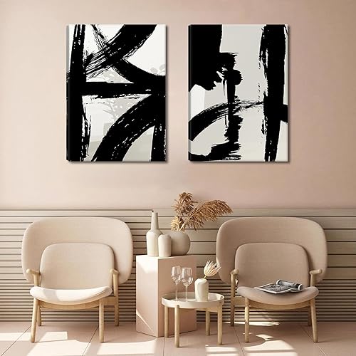 Miniatura 5 de Lienzo de pincelada en blanco y negro, arte de pared, moderno, abstracto, minimalista, línea de tinta, pintura, pintura geométrica de mediados de