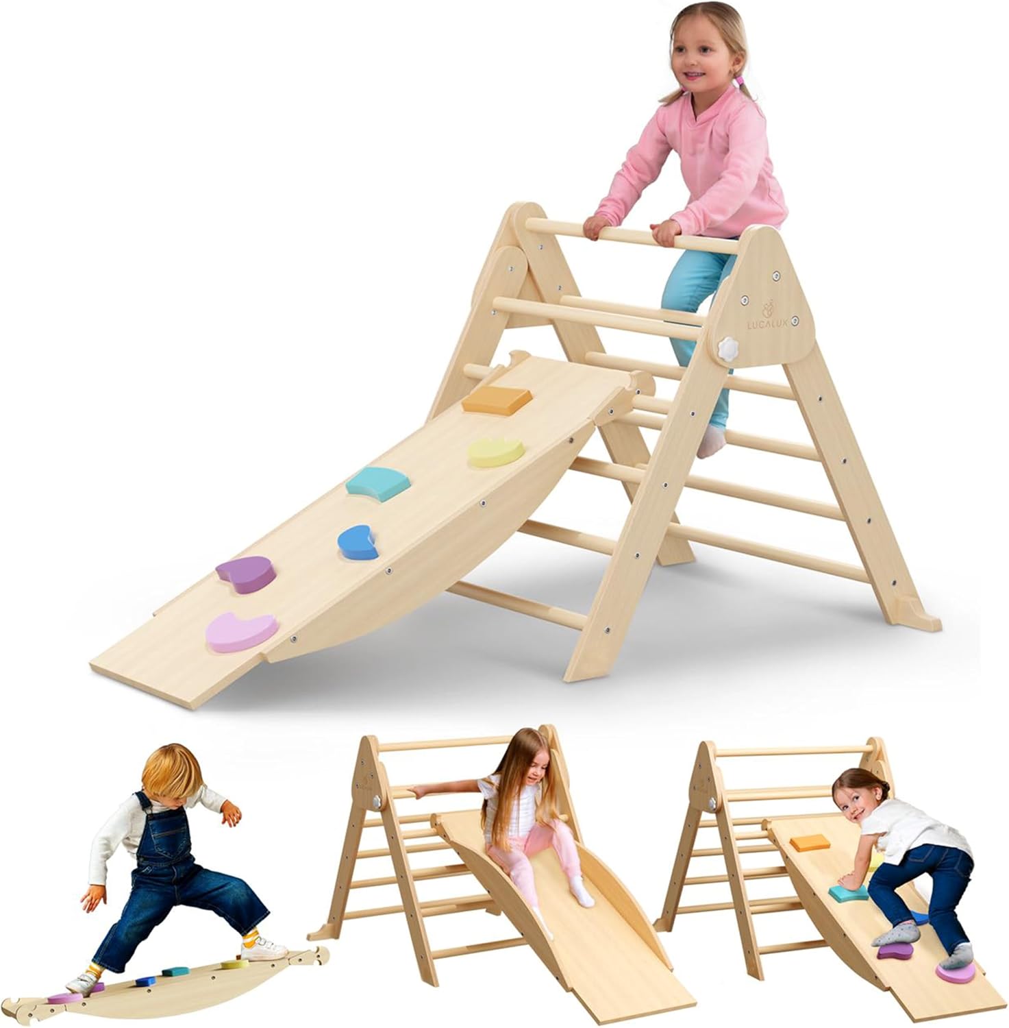 6-in-1 Pikler Triangle Set - Indoor & Outdoor Climbing Set for Toddlers - Rock Climber Wall, Balance Board, Seesaw, Slide - Foldable Pine & Birch Wood Frame - Wooden Play Gym Toys for Kids