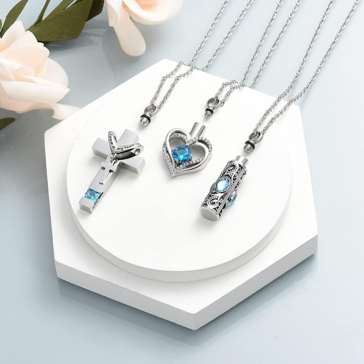 shajwo 3 Pack Urn Necklace for Ashes for Women Gilrs Heart Cross Cylinder Cremation Jewelry for Ashes Memorial Keepsake Birthstone Pendant - Image 4