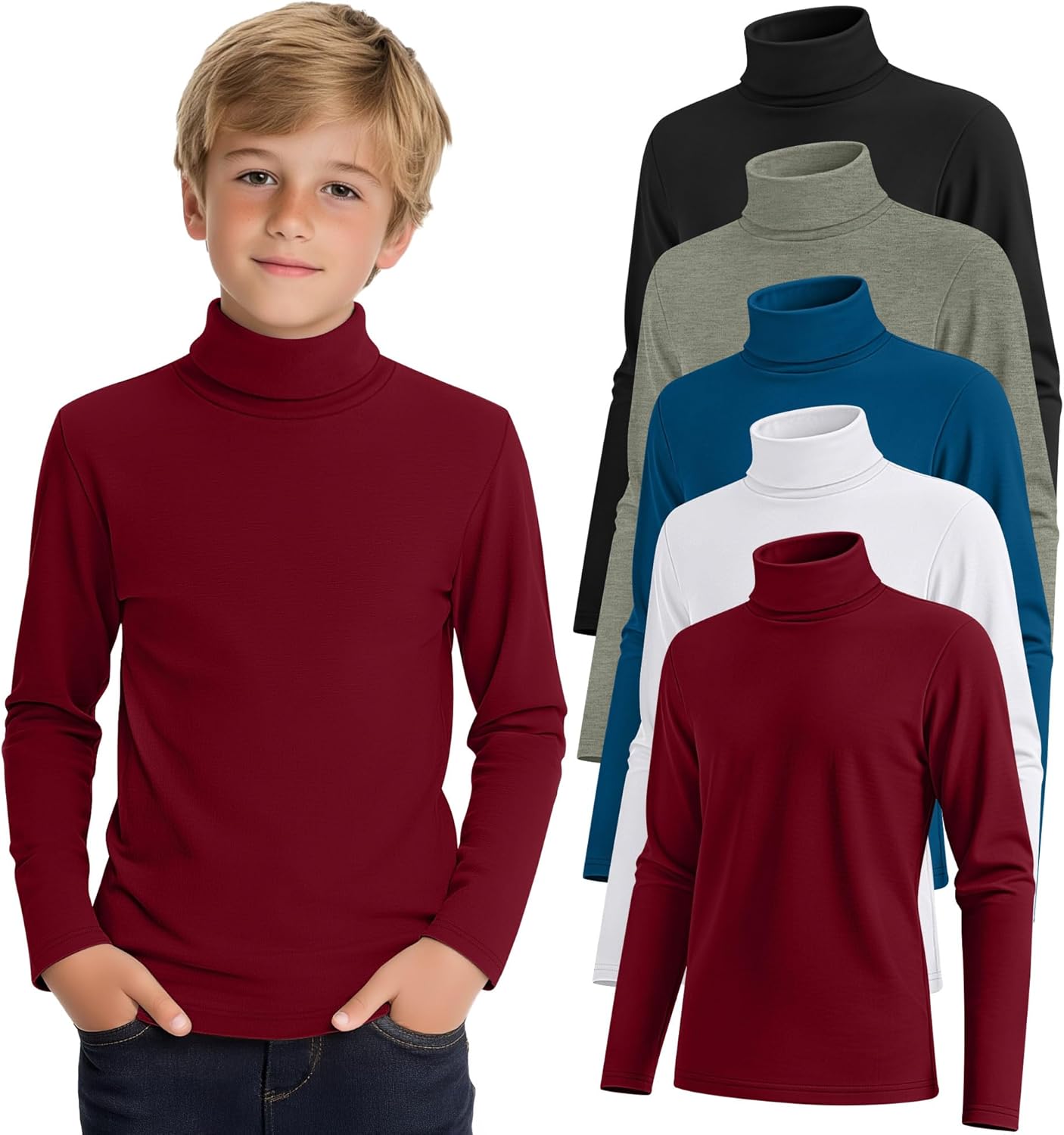 LessonZoo 5 Pack Boys Turtleneck Tops, Kids Long Sleeve T Shirts Turtle Neck Pullover Shirts Solid Color Warm Tees