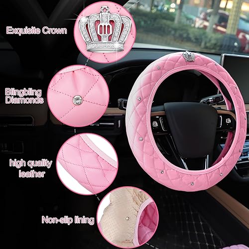 Miniatura 6 de Tallew - Juego de accesorios rosas para automóvil, fundas para el asiento, volante y reposacabezas con almohadilla, portavasos y almohadillas para