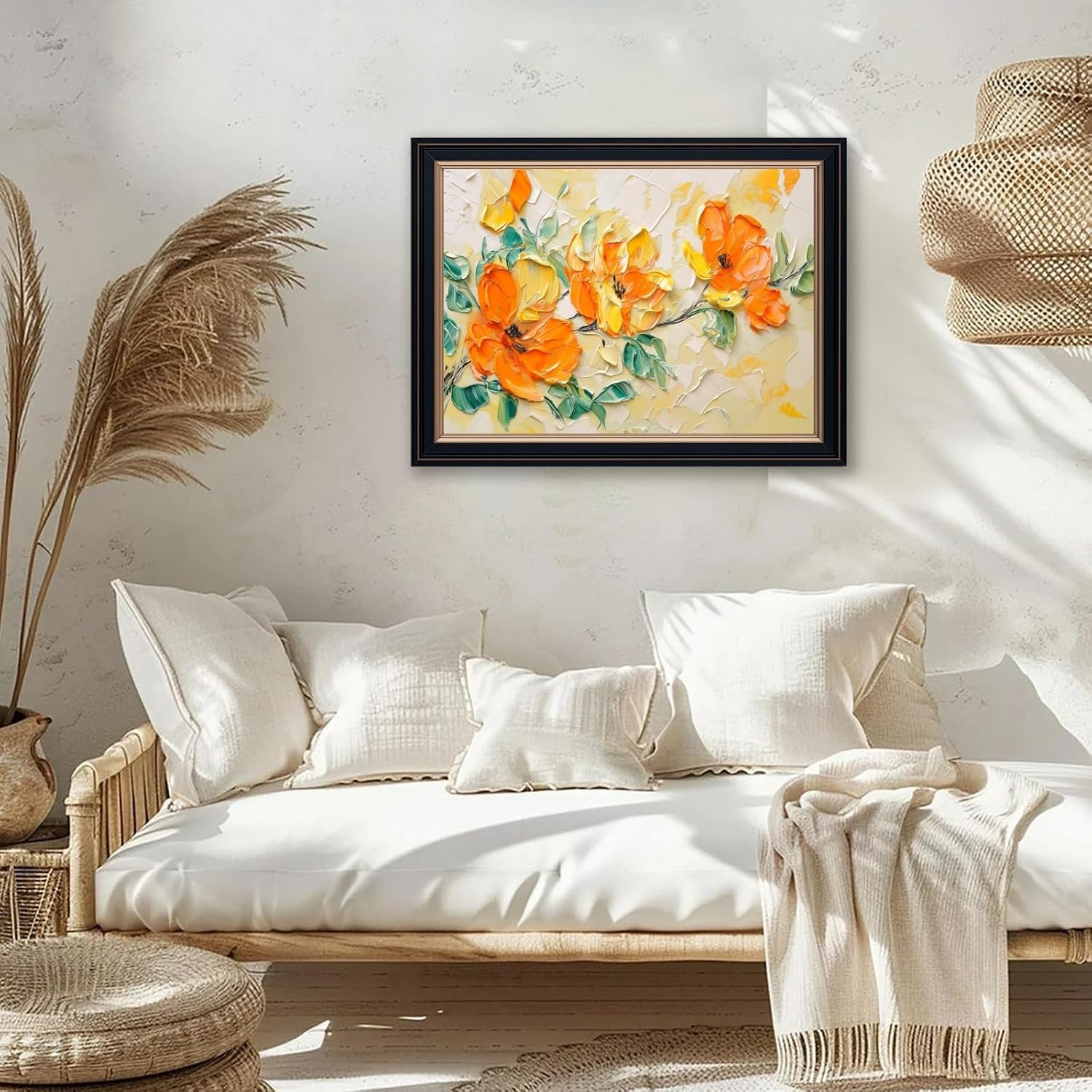 Large Black Framed Impasto Orange Floral Oil Painting Poster Modern Abstract Textured Flower TV Canvas Wall Art Contemporary Colorful Artwork Prints for Modern Bedroom Home Decor 24x36inch