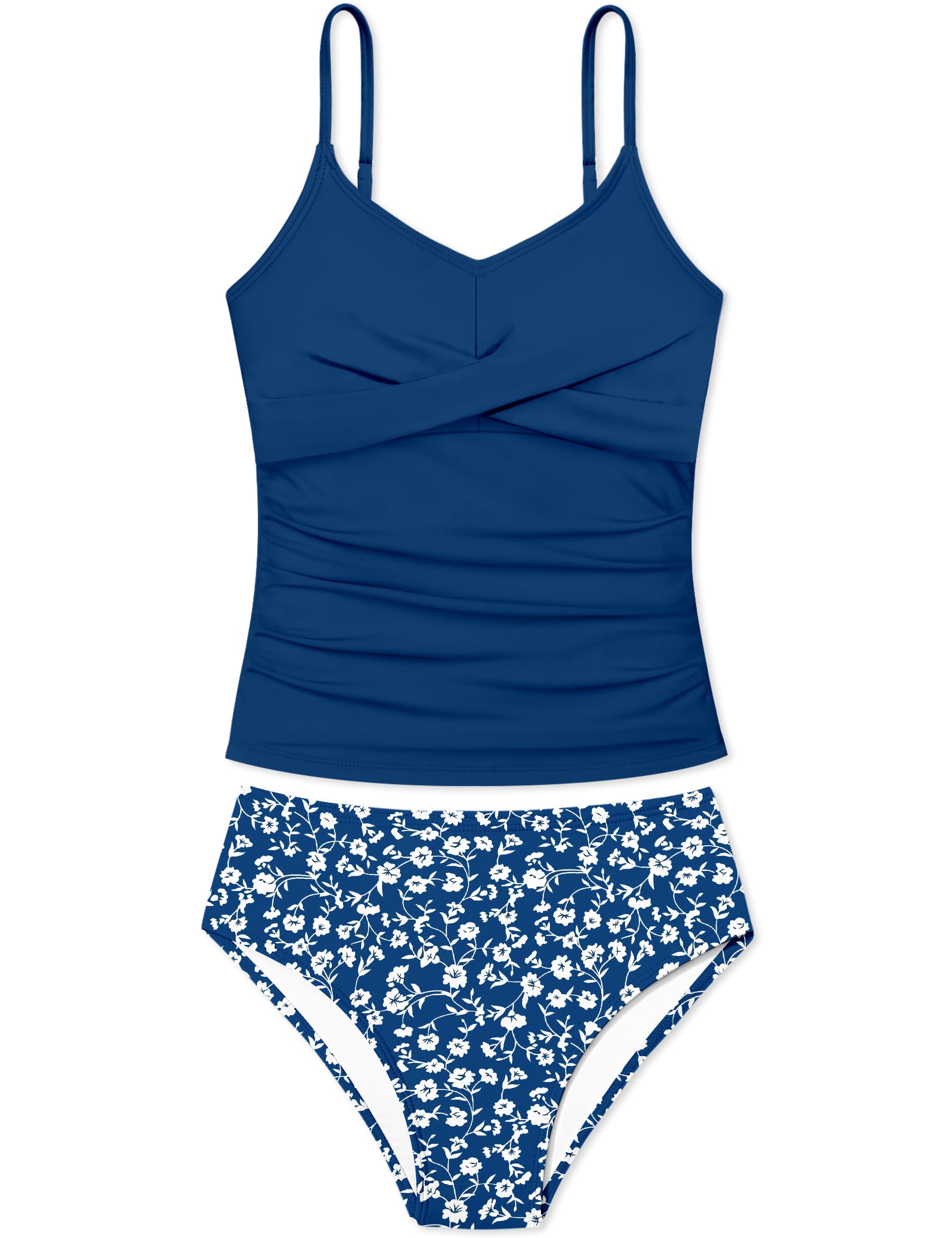 Girls Swimsuit 2 Piece Bathing Suit Criss Cross Ruched Girl Tankini Sets Printed Girls' Swimwear for 9-18 Years